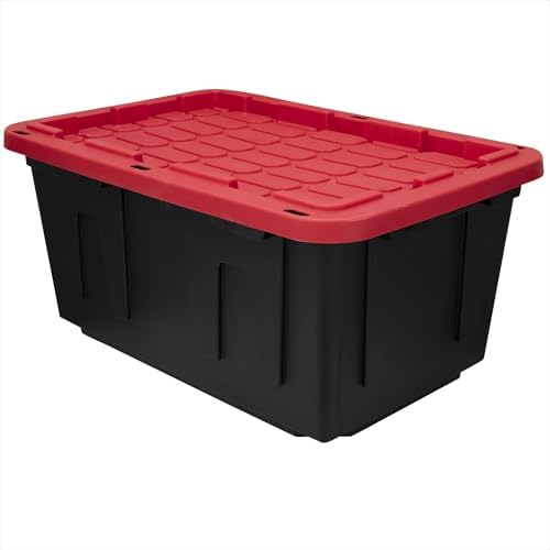 12-gallon Plastic Storage Box, Sturdy and Durable with A Lockable Lid, Suitable for Outdoor, Garage, Basement and Indoor Item Organization, Stackable Storage Box, Black Base and Red Lid