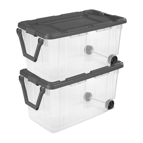 12-gallon Plastic Storage Box, Sturdy and Durable with A Lockable Lid, Suitable for Outdoor, Garage, Basement and Indoor Item Organization, Stackable Storage Box, Black Base and Red Lid