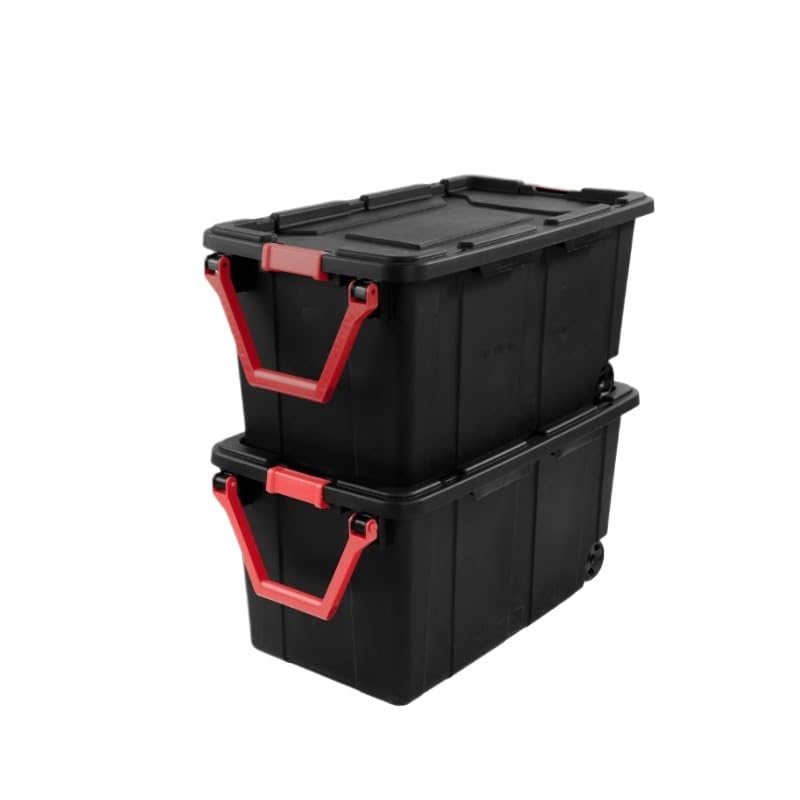 12-gallon Plastic Storage Box, Sturdy and Durable with A Lockable Lid, Suitable for Outdoor, Garage, Basement and Indoor Item Organization, Stackable Storage Box, Black Base and Red Lid