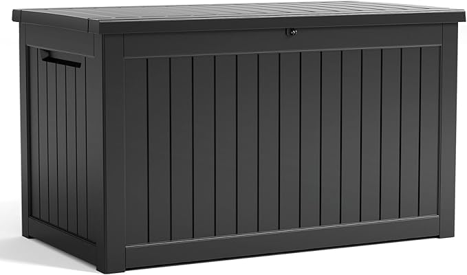 PatioZen 90 Gallon Resin Deck Box, Lockable Patio Outdoor Storage Box for Furniture, Garden Tools and Tools Storage, Waterproof Outside Storage Box - Black