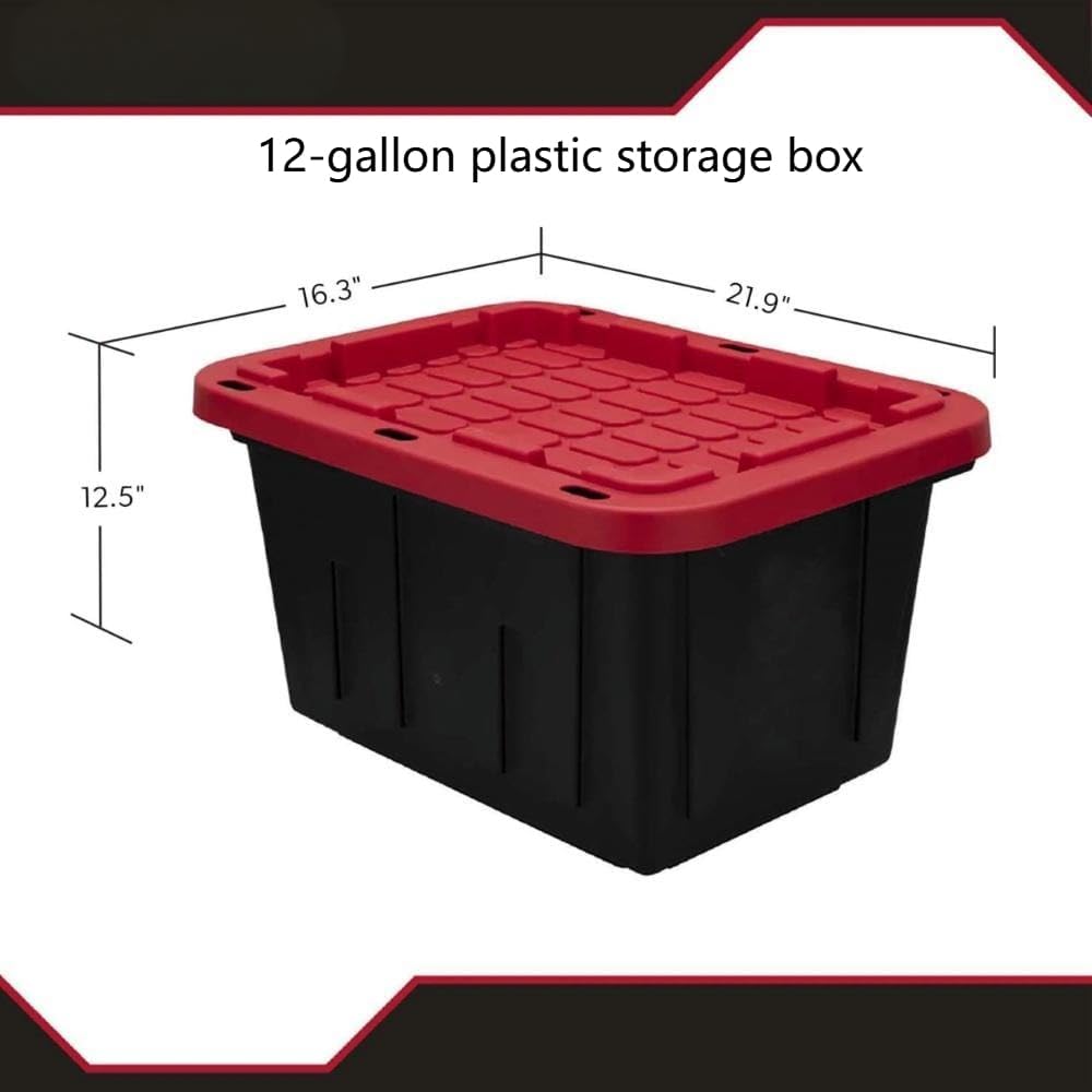 12-gallon Plastic Storage Box, Sturdy and Durable with A Lockable Lid, Suitable for Outdoor, Garage, Basement and Indoor Item Organization, Stackable Storage Box, Black Base and Red Lid