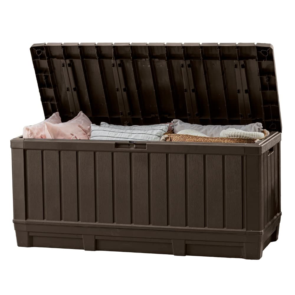 Keter Kentwood 92 Gallon Resin Deck Box-Organization and Storage for Patio Furniture Outdoor Cushions, Throw Pillows, Garden Tools and Pool Floats, Dark Grey
