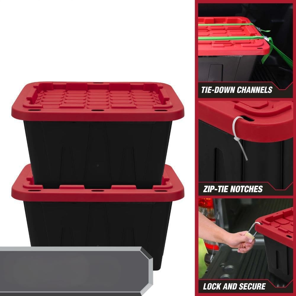 12-gallon Plastic Storage Box, Sturdy and Durable with A Lockable Lid, Suitable for Outdoor, Garage, Basement and Indoor Item Organization, Stackable Storage Box, Black Base and Red Lid