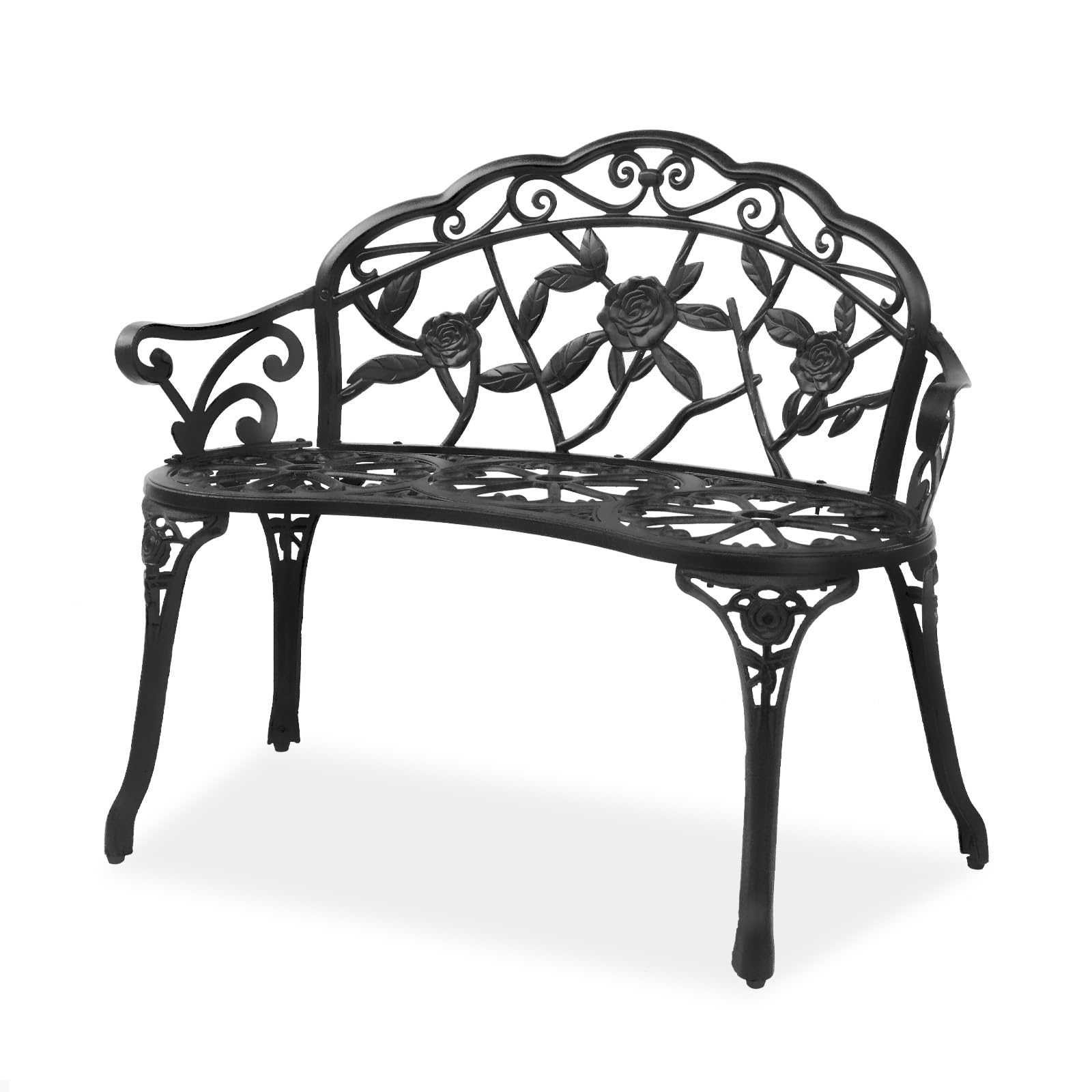 VINGLI 38.5" Patio Park Garden Outdoor Metal Rose Bench, 2-Person Cast Iron Cast Aluminium Frame Antique Finish Chair,Accented Lawn Front Porch Path Yard Decor Deck Furniture (Bronze, Rose)