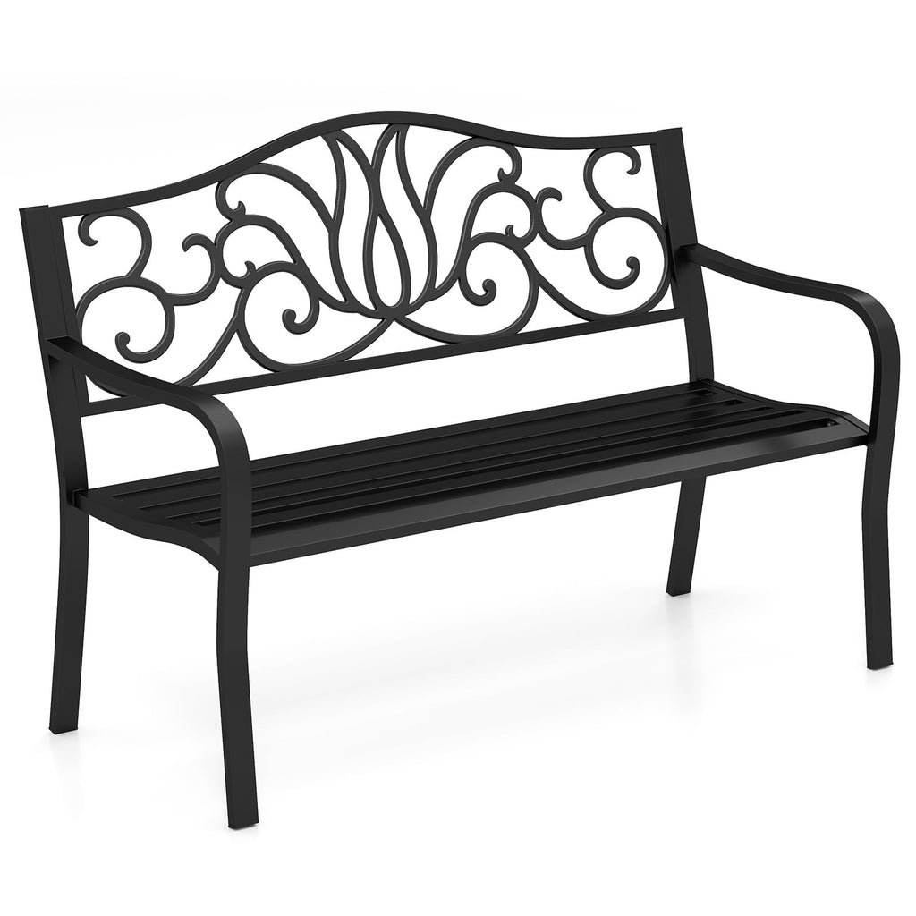 Tangkula Metal Patio Park Bench, Outdoor Garden Bench Loveseat for 2-3 People with Curved Armrests & Minimalist Backrest, Heavy-Duty Outdside Seating for Backyard, Poolside, Porch (Black)