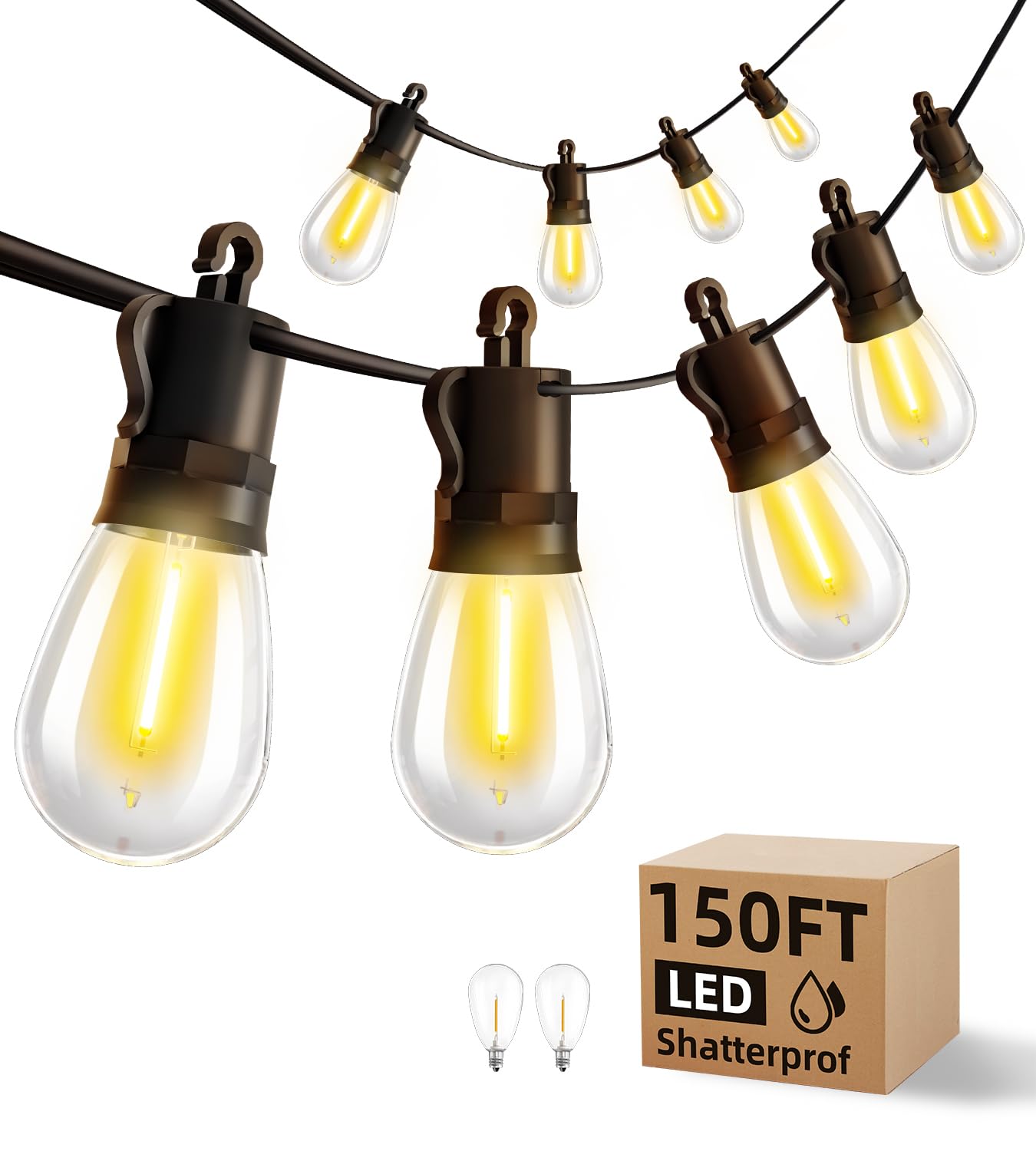 Outdoor String Lights Patio LED - Light Outside 50Ft 15M Waterproof Remote Dimmable S14 Porch Lighting Edison Plastic Bulb Pergola Hanging Balcony Connectable Backyard Yard Gazebo Party Garden Bistro
