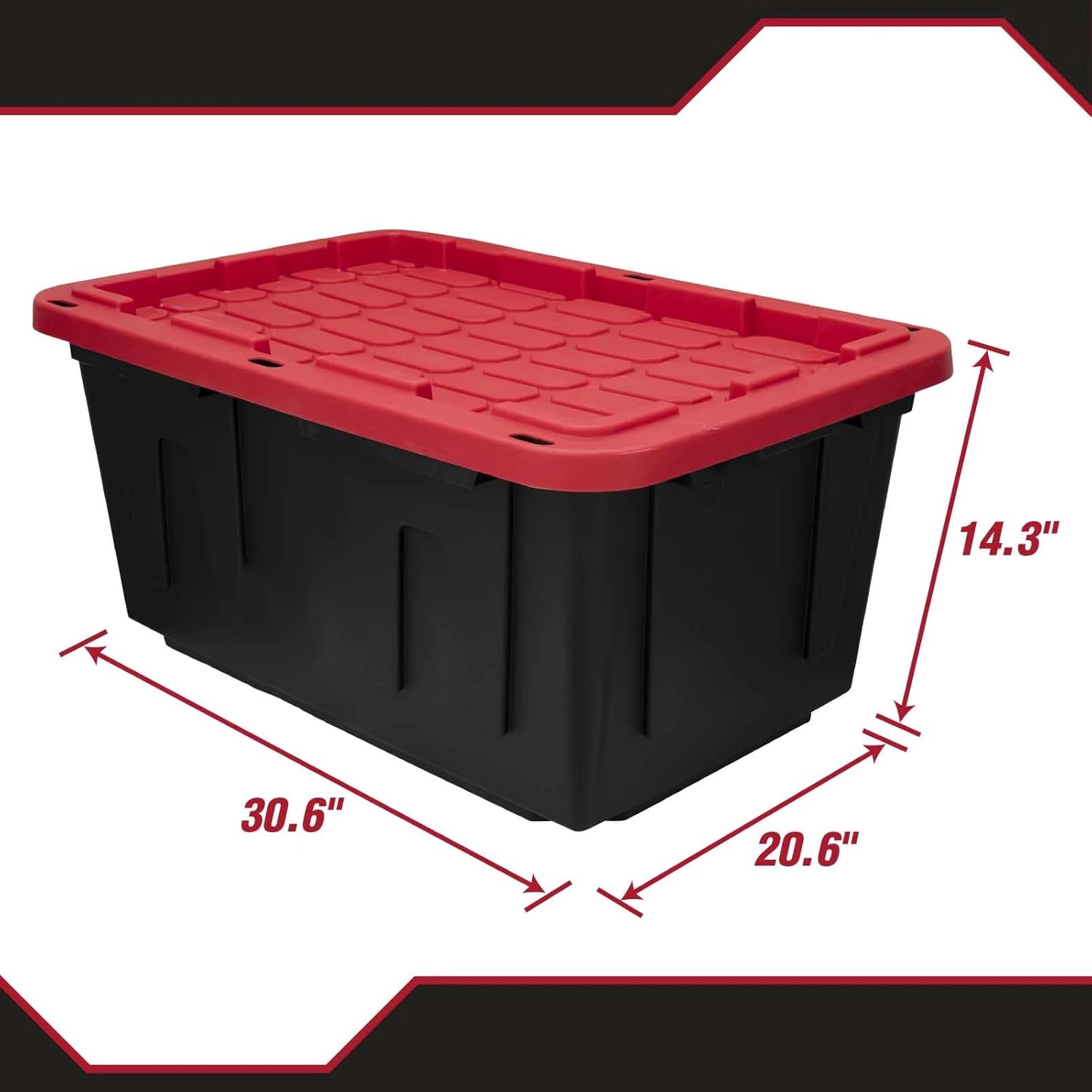 27 Gallon Large Storage Bin with Snap Lid, Black and Red, Heavy Duty Plastic Storage Container,Stackable & Nestable, Suitable for Garages, Basements or Outdoors