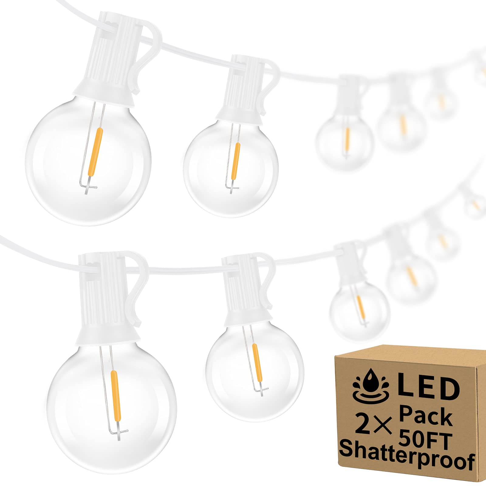 100ft 2-Pack Outdoor G40 LED Globe String Lights Dimmable Waterproof Shatterproof Light Strings with 52 Bulbs Connectable Commercial Hanging Lights for Christmas Patio House Backyard Balcony Party