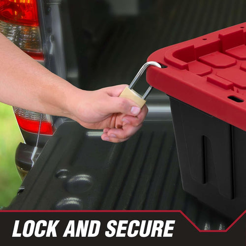 12-gallon Plastic Storage Box, Sturdy and Durable with A Lockable Lid, Suitable for Outdoor, Garage, Basement and Indoor Item Organization, Stackable Storage Box, Black Base and Red Lid