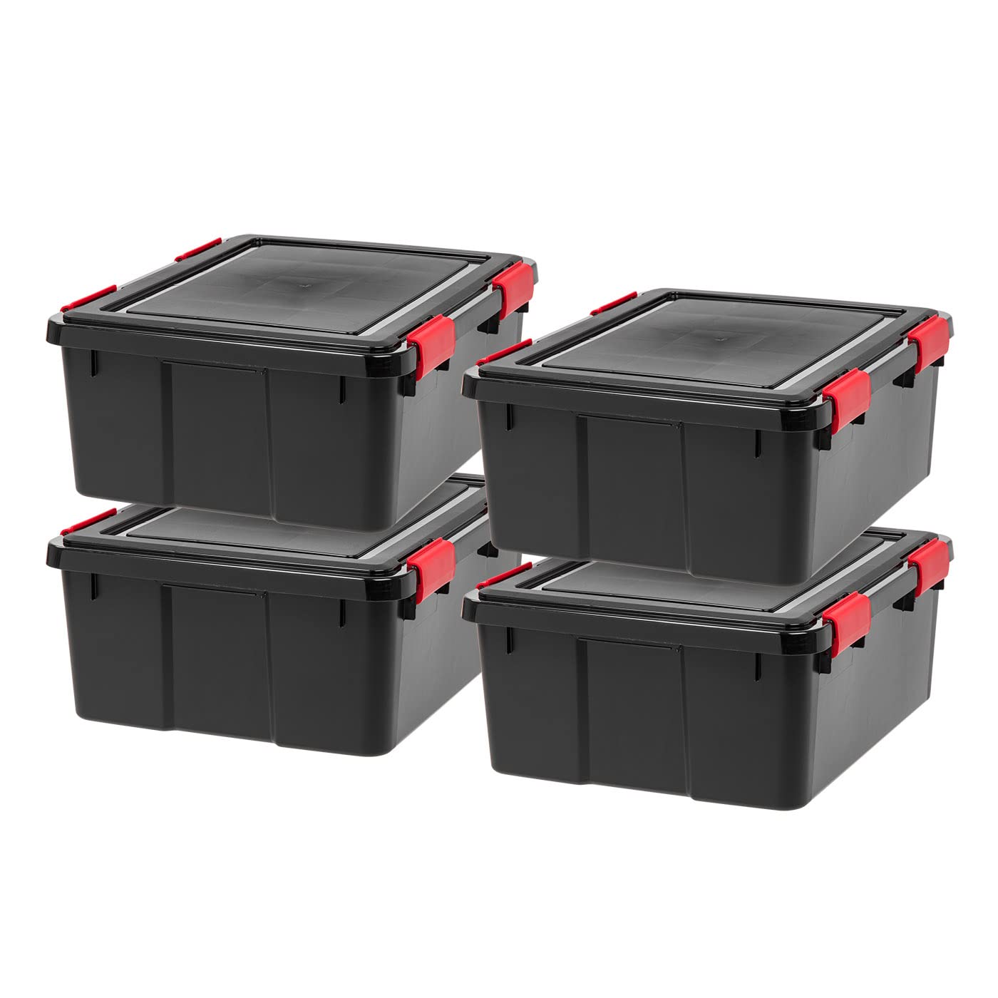 IRIS USA WeatherPro 74 Qt Storage Bins with Lids, 4 Pack, BPA-Free Plastic Gasket Box with Tight Latch and Seal, Stackable Nestable Tote Tub - Black/Red