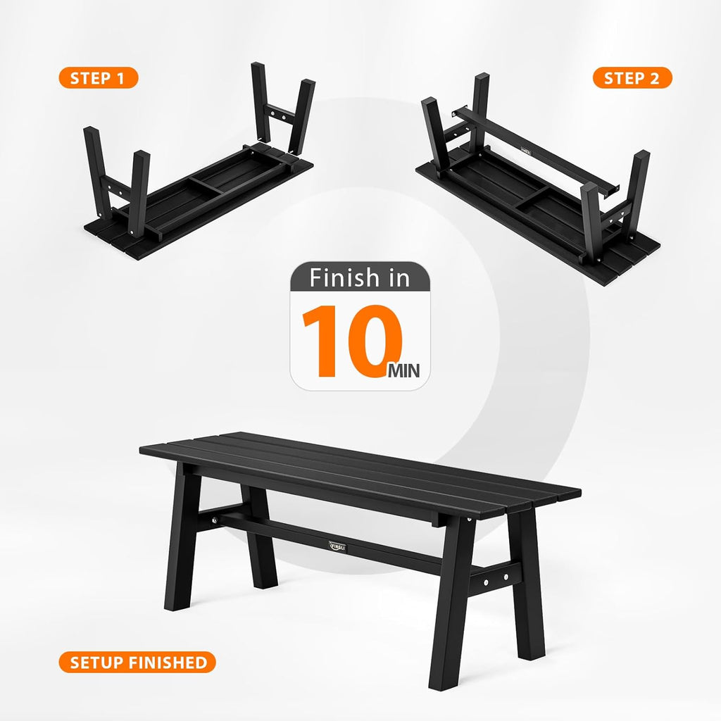 VINGLI 47” Outdoor HDPE Bench, Weatherproof Garden Bench w/Metal Legs, Poly Lumber Porch Benches, 660 LBS Capacity Outdoor Backless Patio Benches for Entryway Deck (Black)