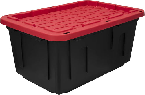 27 Gallon Large Storage Bin with Snap Lid, Black and Red, Heavy Duty Plastic Storage Container,Stackable & Nestable, Suitable for Garages, Basements or Outdoors