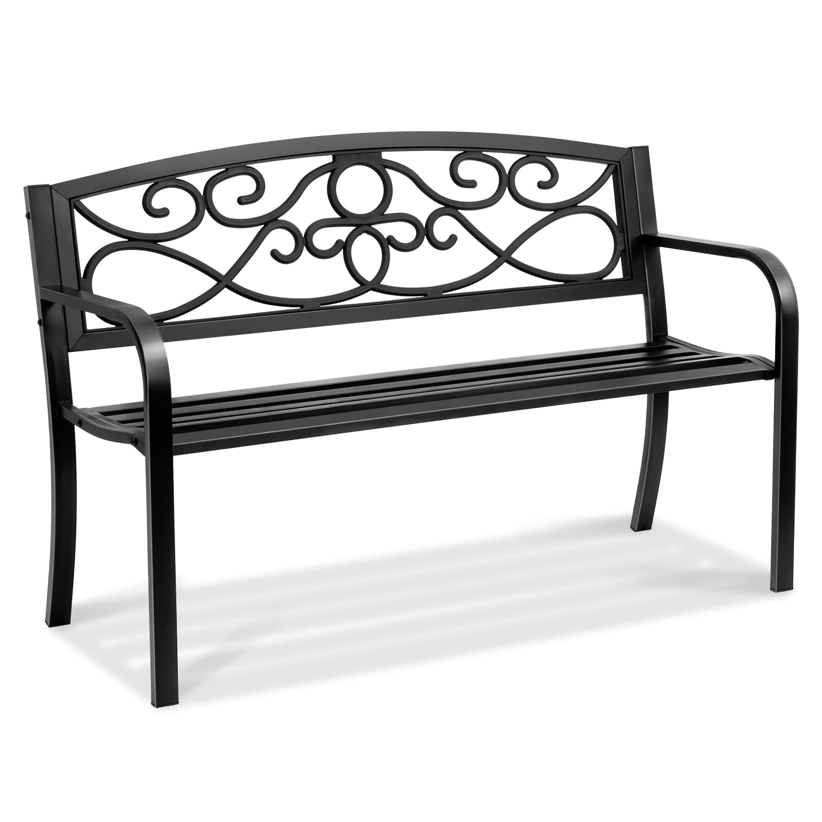 VEVOR Outdoor Bench, 46" Iron Steel Frame Garden Park Bench with Mesh Pattern and Plastic Backrest Armrests, Patio Bench for Garden, Park, Yard, Front Porch