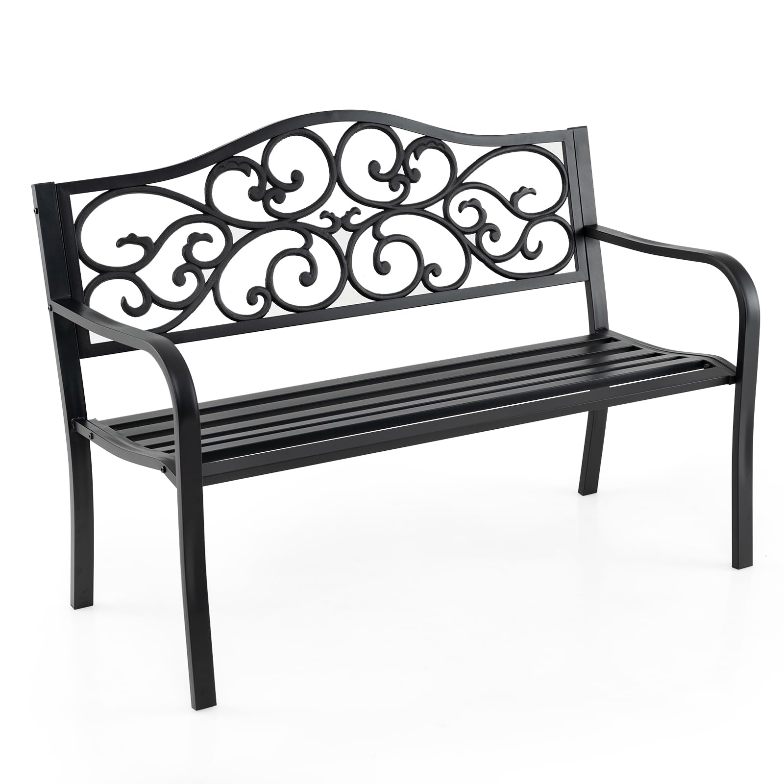 Tangkula Metal Patio Park Bench, Outdoor Garden Bench Loveseat for 2-3 People with Curved Armrests & Minimalist Backrest, Heavy-Duty Outdside Seating for Backyard, Poolside, Porch (Black)
