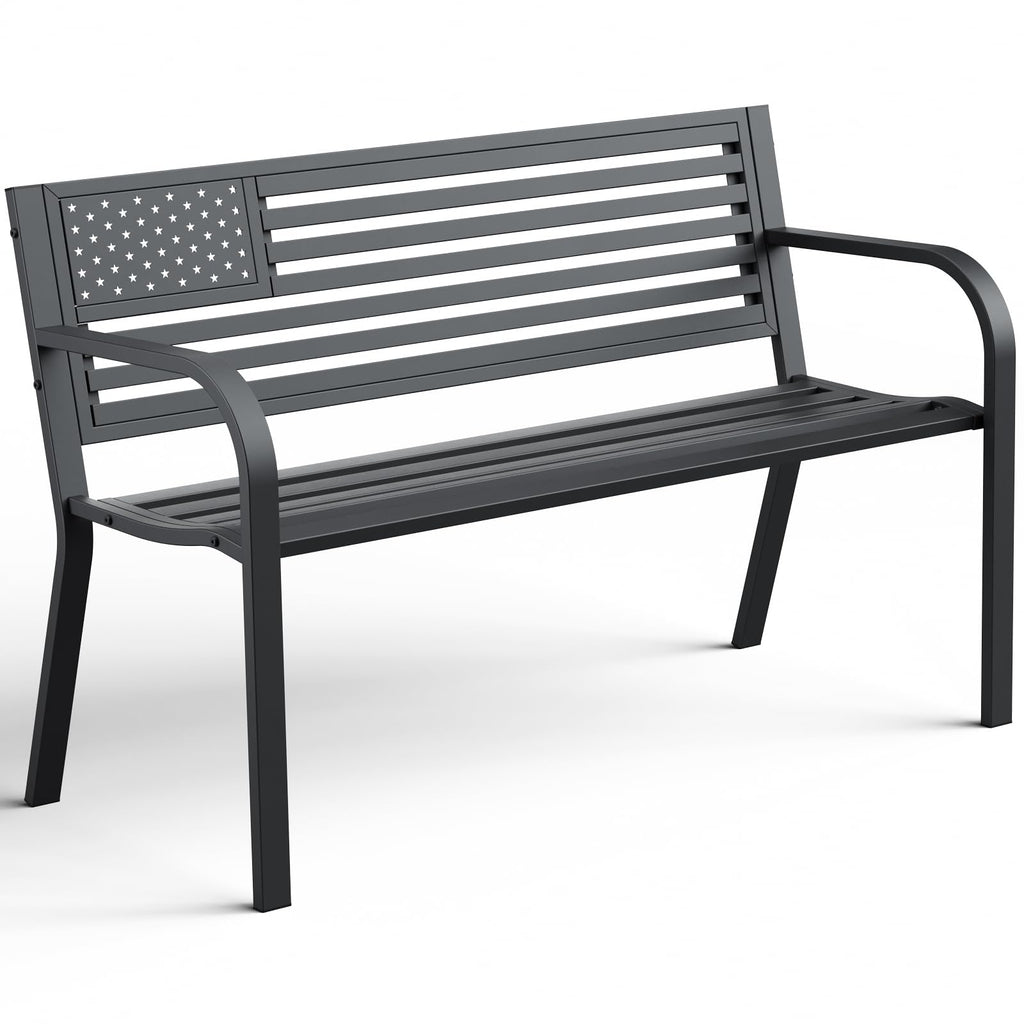 Outdoor Bench, Garden Patio Park Entryway Metal Bench with Comfortable Backrest, Sturdy Heavy Duty Loveseat Front Porch Backyard Lawn Furniture for Outside