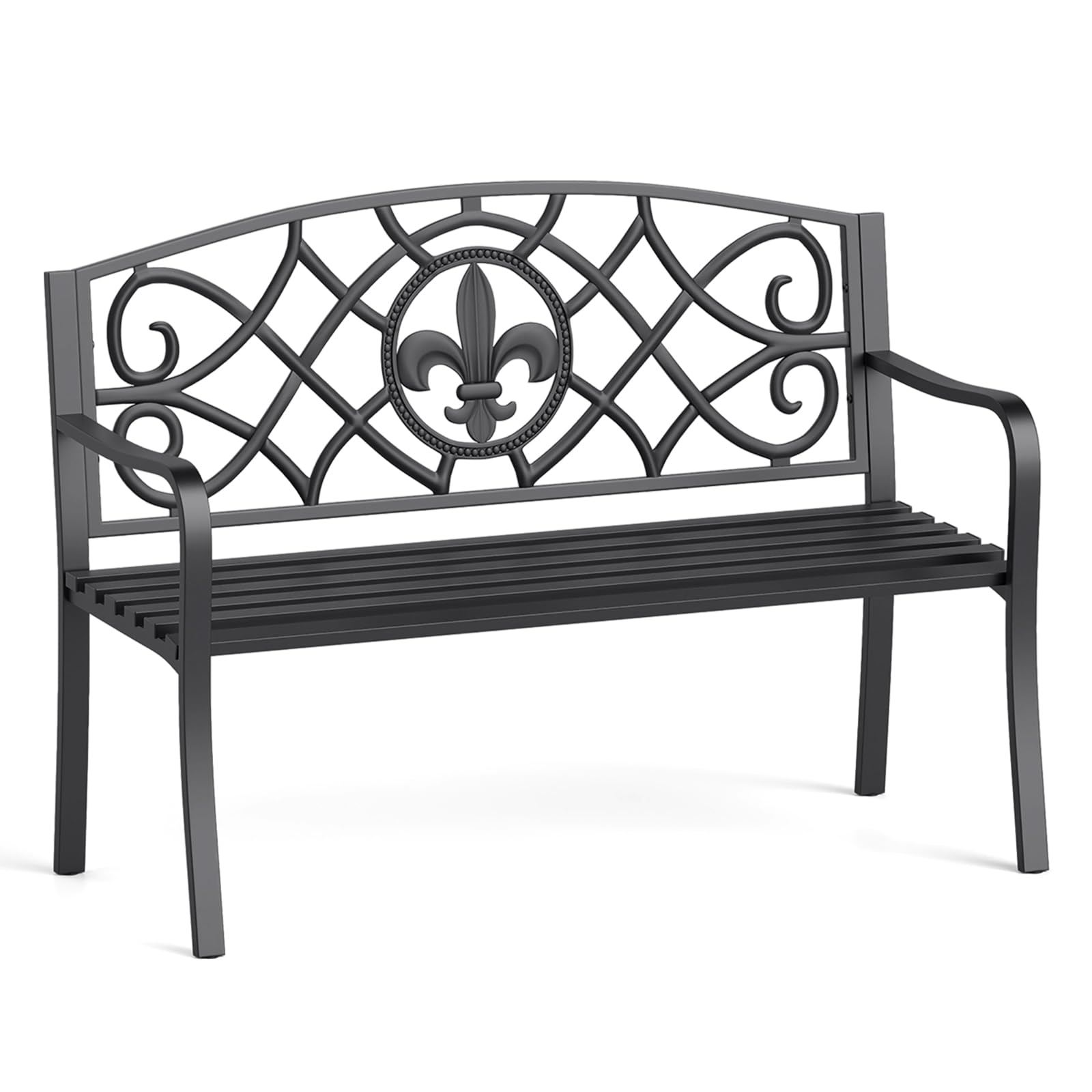 Tangkula Metal Patio Park Bench, Outdoor Garden Bench Loveseat for 2-3 People with Curved Armrests & Minimalist Backrest, Heavy-Duty Outdside Seating for Backyard, Poolside, Porch (Black)