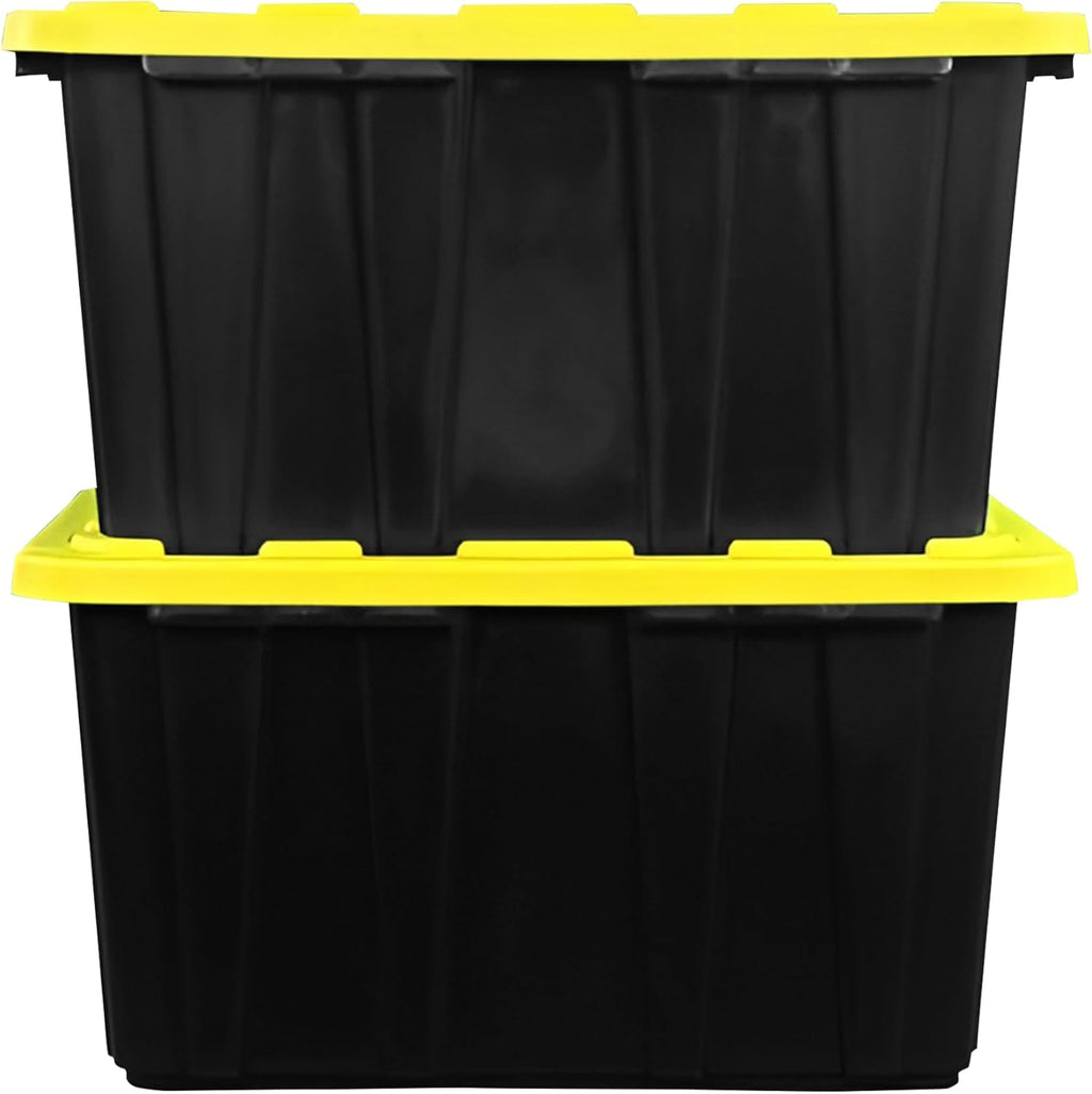 BLACK & YELLOW 27-Gallon Storage Bin with Snap-on Lid, Heavy Duty Plastic Storage Bins with Lid, Stackable, 2 Pack