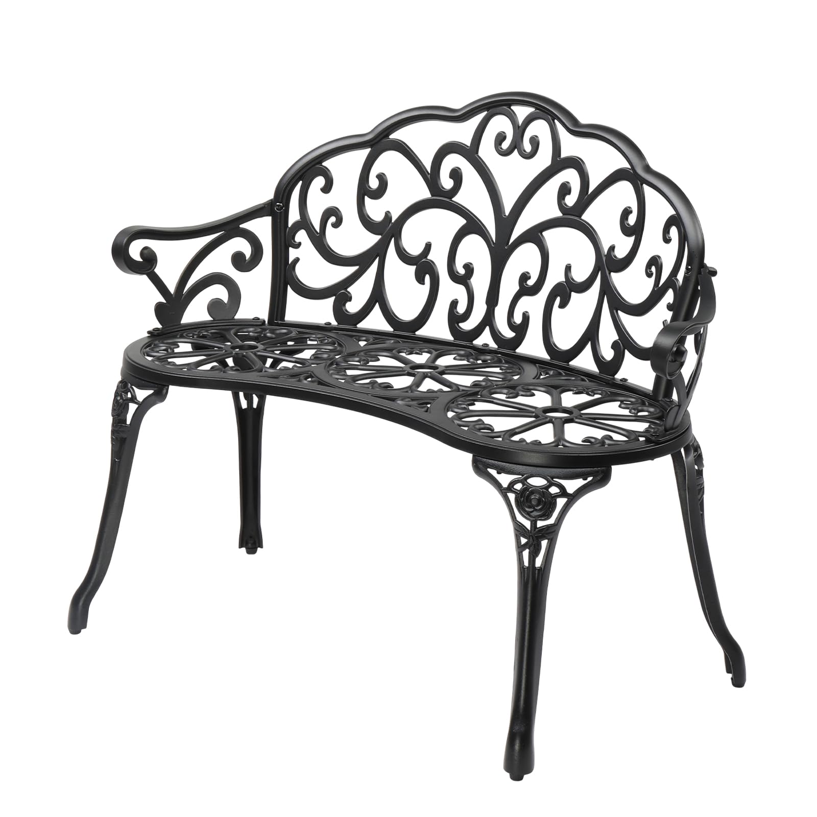 VINGLI 38.5" Patio Park Garden Outdoor Metal Rose Bench, 2-Person Cast Iron Cast Aluminium Frame Antique Finish Chair,Accented Lawn Front Porch Path Yard Decor Deck Furniture (Bronze, Rose)