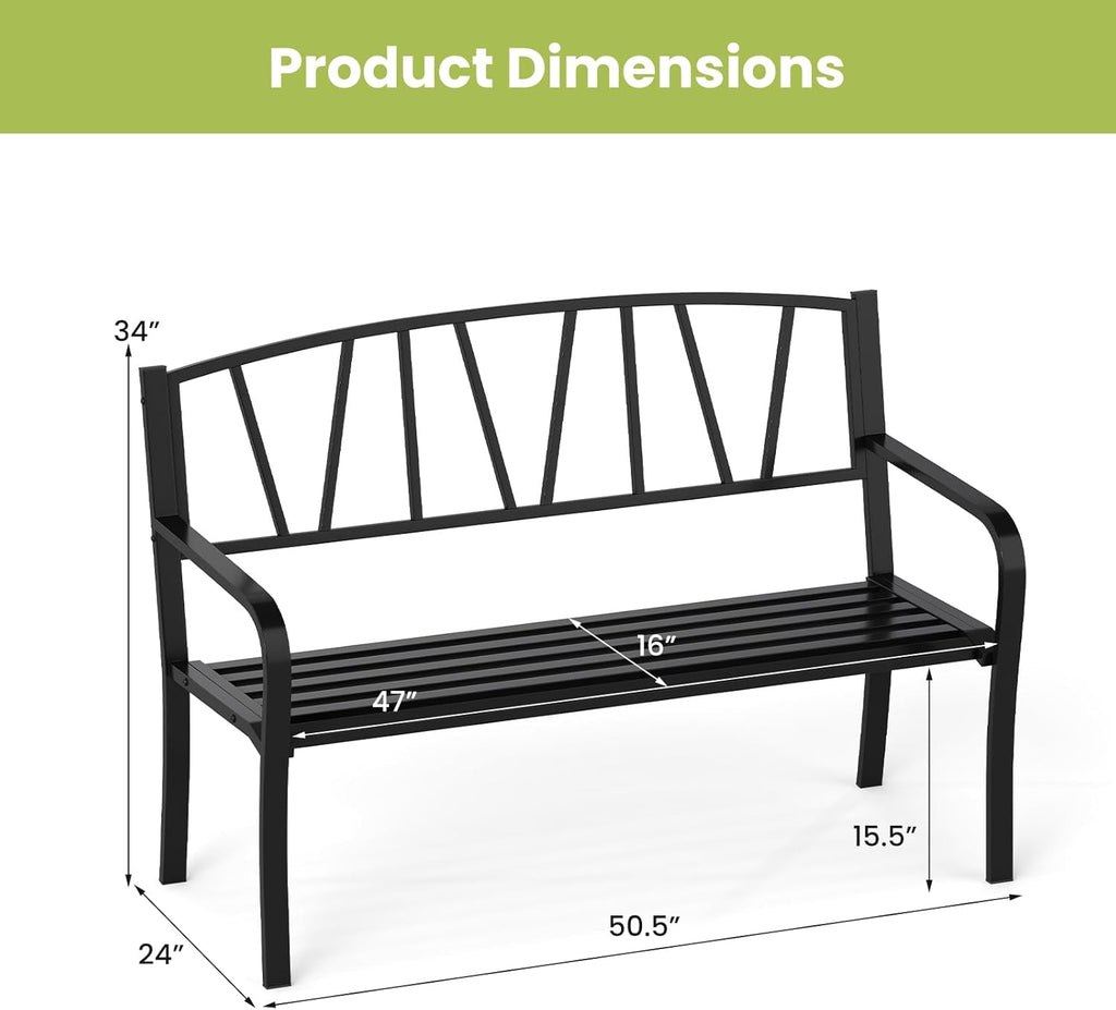 Tangkula Metal Patio Park Bench, Outdoor Garden Bench Loveseat for 2-3 People with Curved Armrests & Minimalist Backrest, Heavy-Duty Outdside Seating for Backyard, Poolside, Porch (Black)