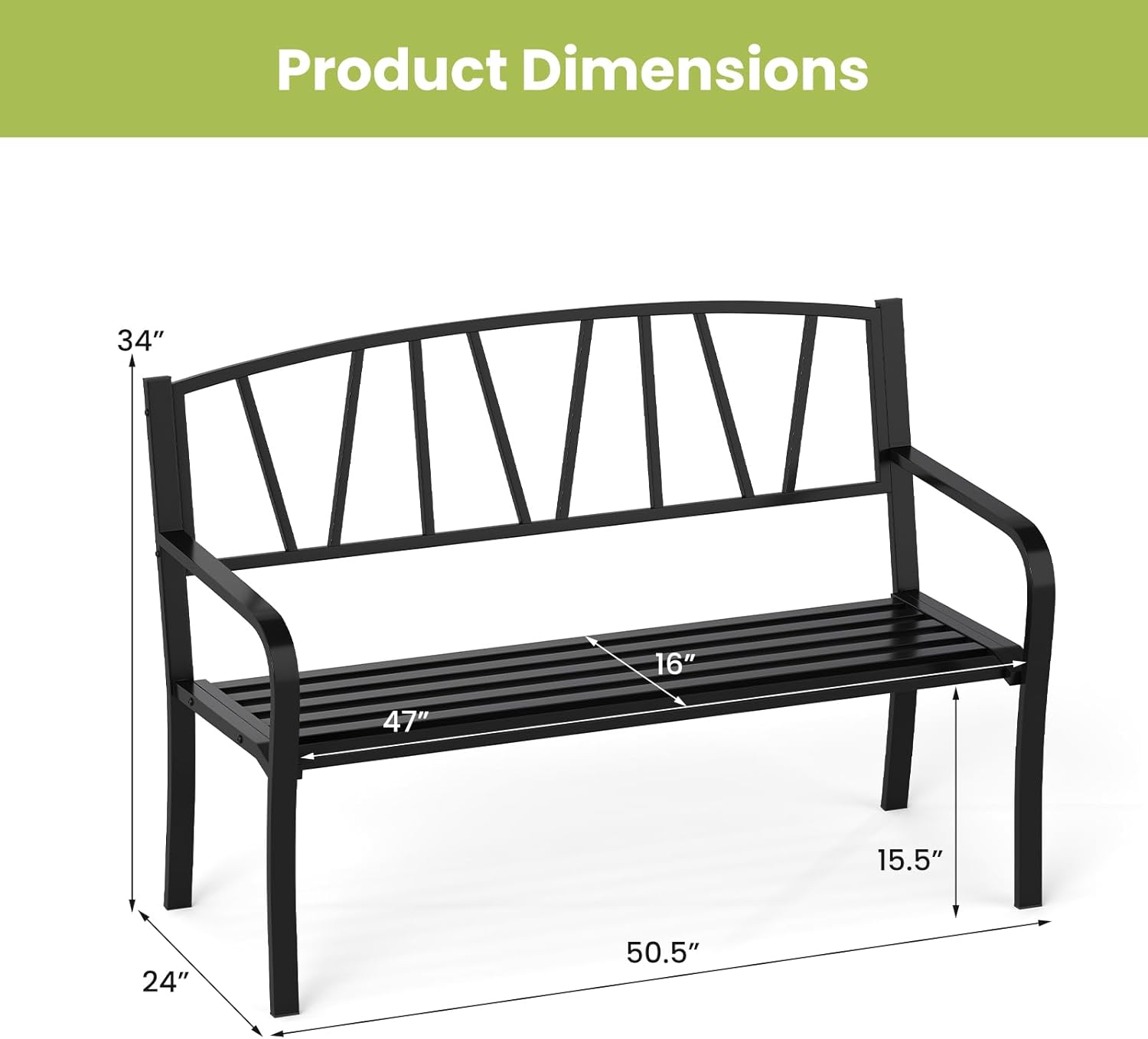 Tangkula Metal Patio Park Bench, Outdoor Garden Bench Loveseat for 2-3 People with Curved Armrests & Minimalist Backrest, Heavy-Duty Outdside Seating for Backyard, Poolside, Porch (Black)