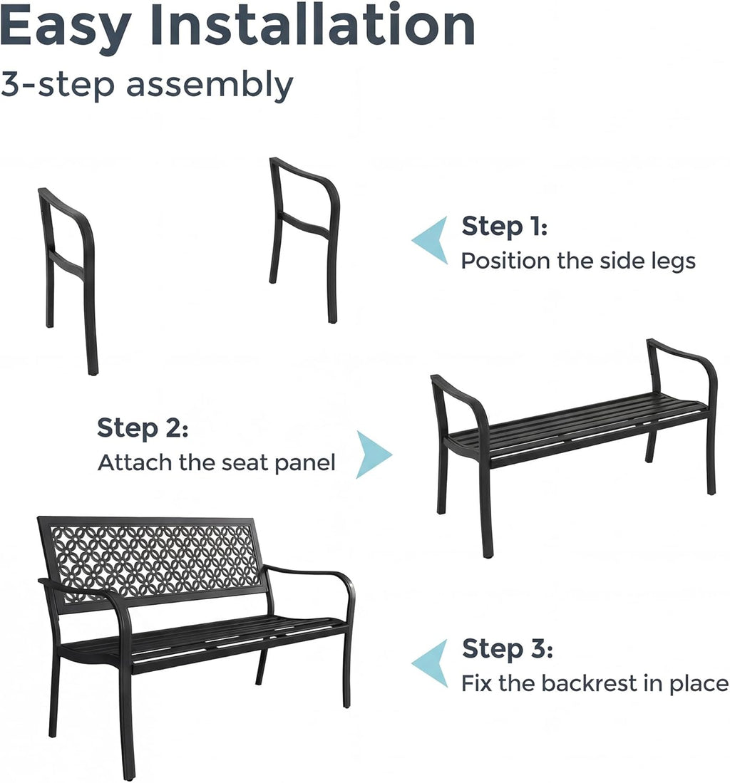Grand patio 50" Outdoor Bench, Garden Benches with Anti-Rust Metal Powder Coated Frame, Patio Bench for Front Porch Park Outside Furniture Decor, Black