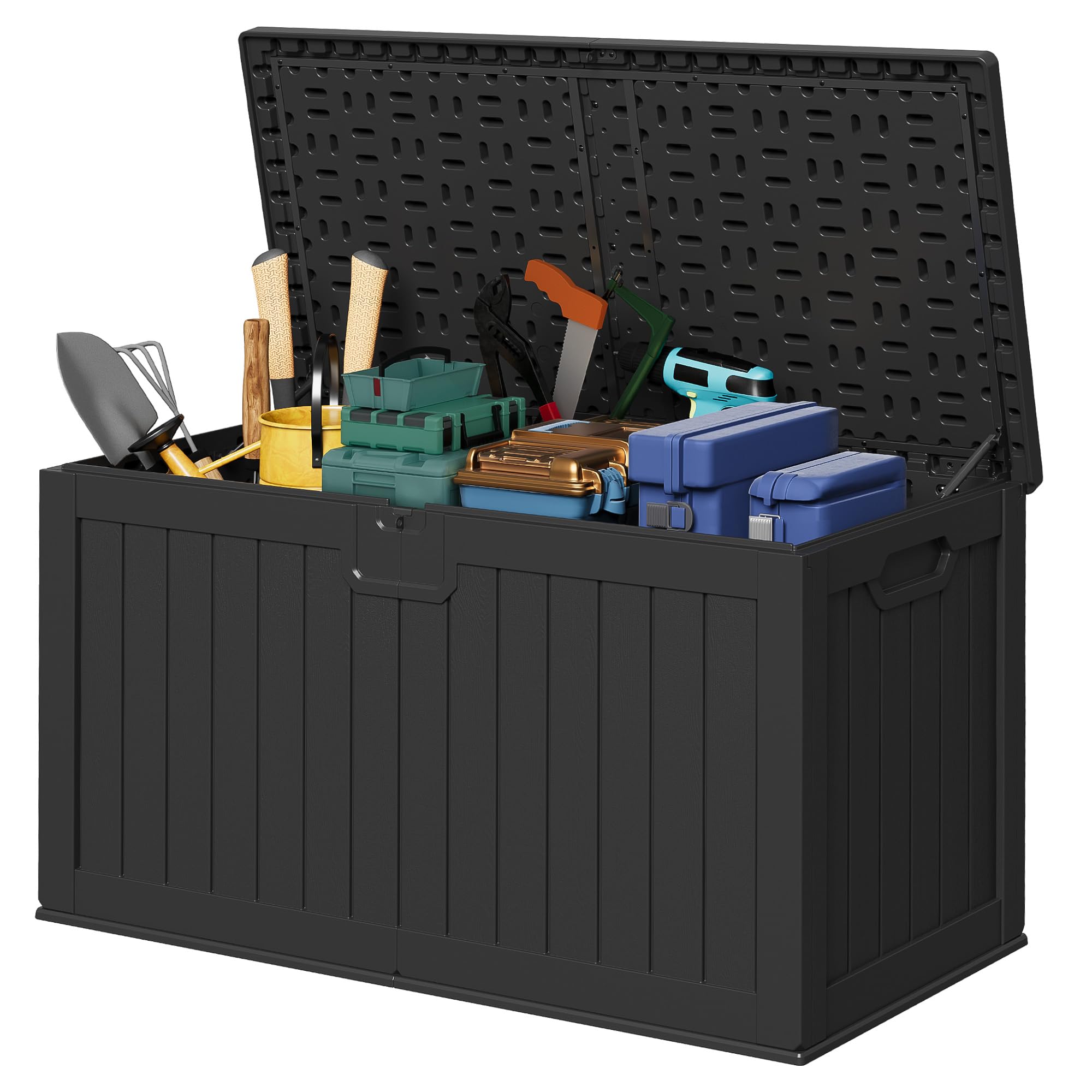 Devoko 78 Gallon Deck Box, Waterproof Resin Outdoor Storage Box for Outside and Patio, Outdoor Storage Bench Lockable for Patio Furniture, Garden Tools and Pool Supplies (Black, 78 Gallon)