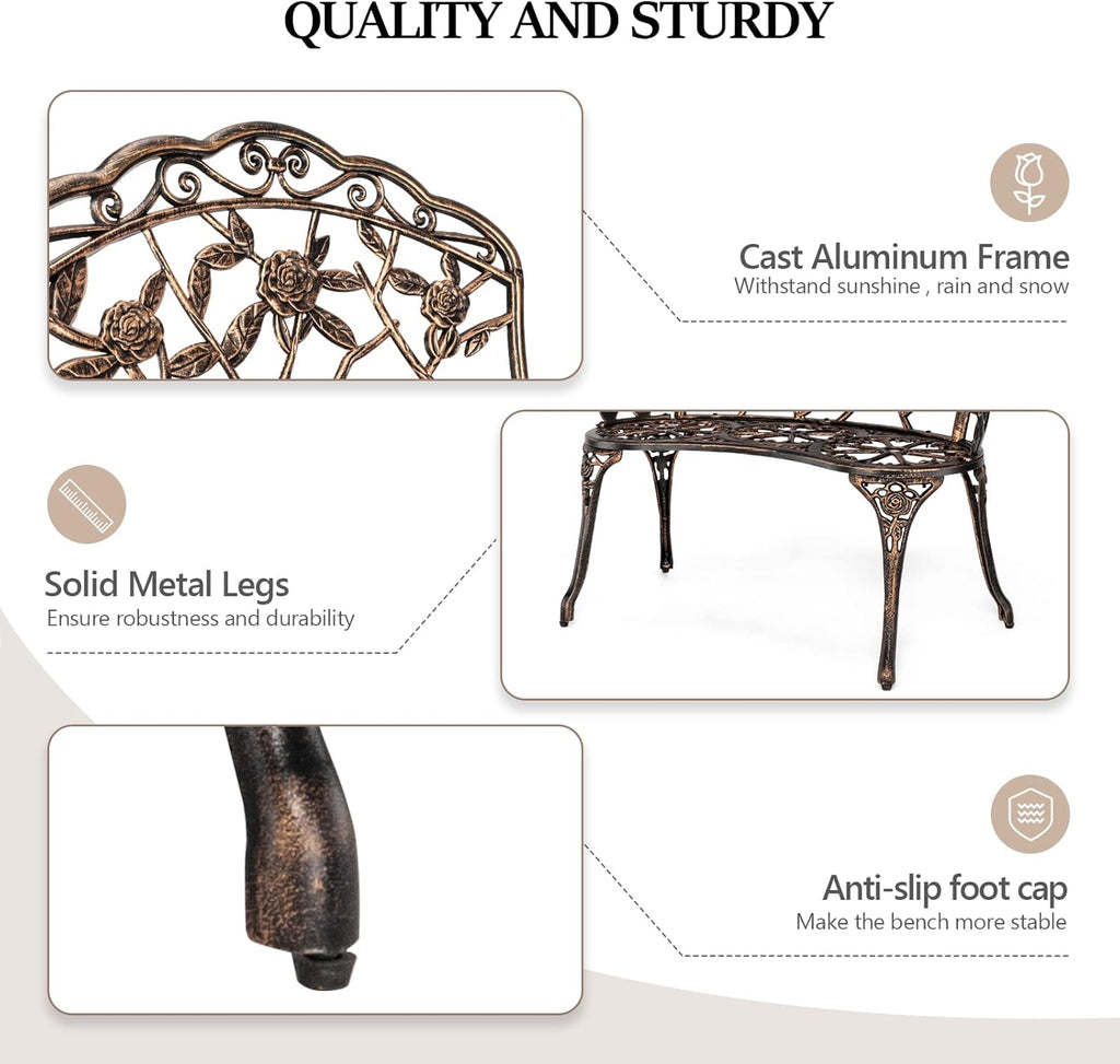 VINGLI 38.5" Patio Park Garden Outdoor Metal Rose Bench, 2-Person Cast Iron Cast Aluminium Frame Antique Finish Chair,Accented Lawn Front Porch Path Yard Decor Deck Furniture (Bronze, Rose)