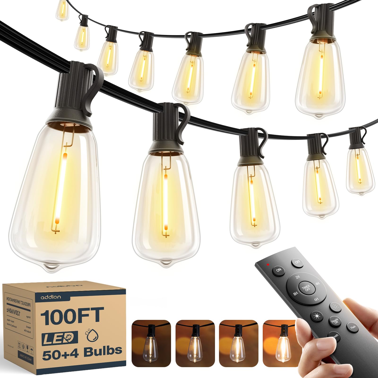 addlon 100FT LED Outdoor String Lights with Remote Waterproof Patio Lights with Shatterproof ST38 Replaceable Bulbs, Dimmable Outside Hanging Light Connectable for Porch, Backyard