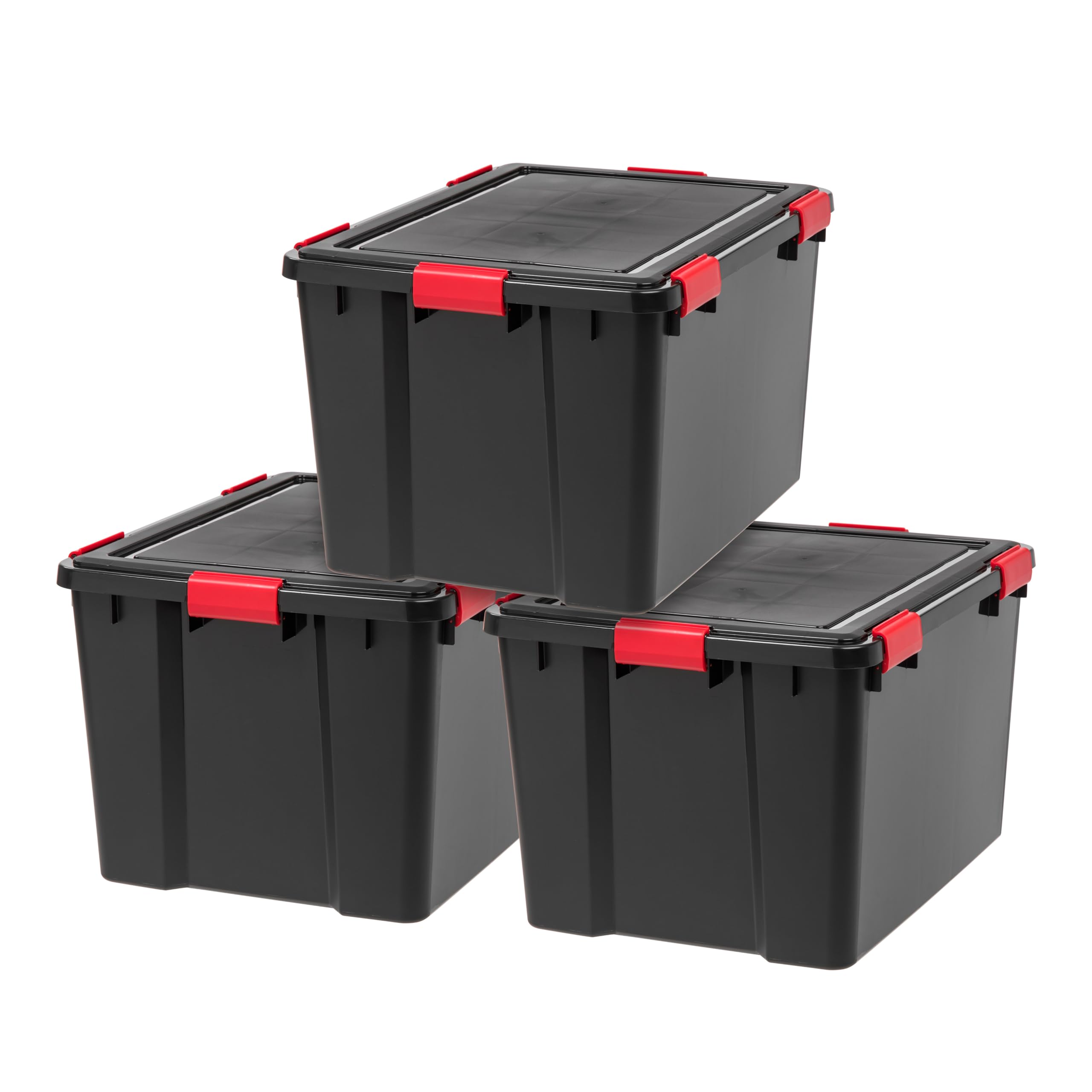 IRIS USA WeatherPro 74 Qt Storage Bins with Lids, 4 Pack, BPA-Free Plastic Gasket Box with Tight Latch and Seal, Stackable Nestable Tote Tub - Black/Red