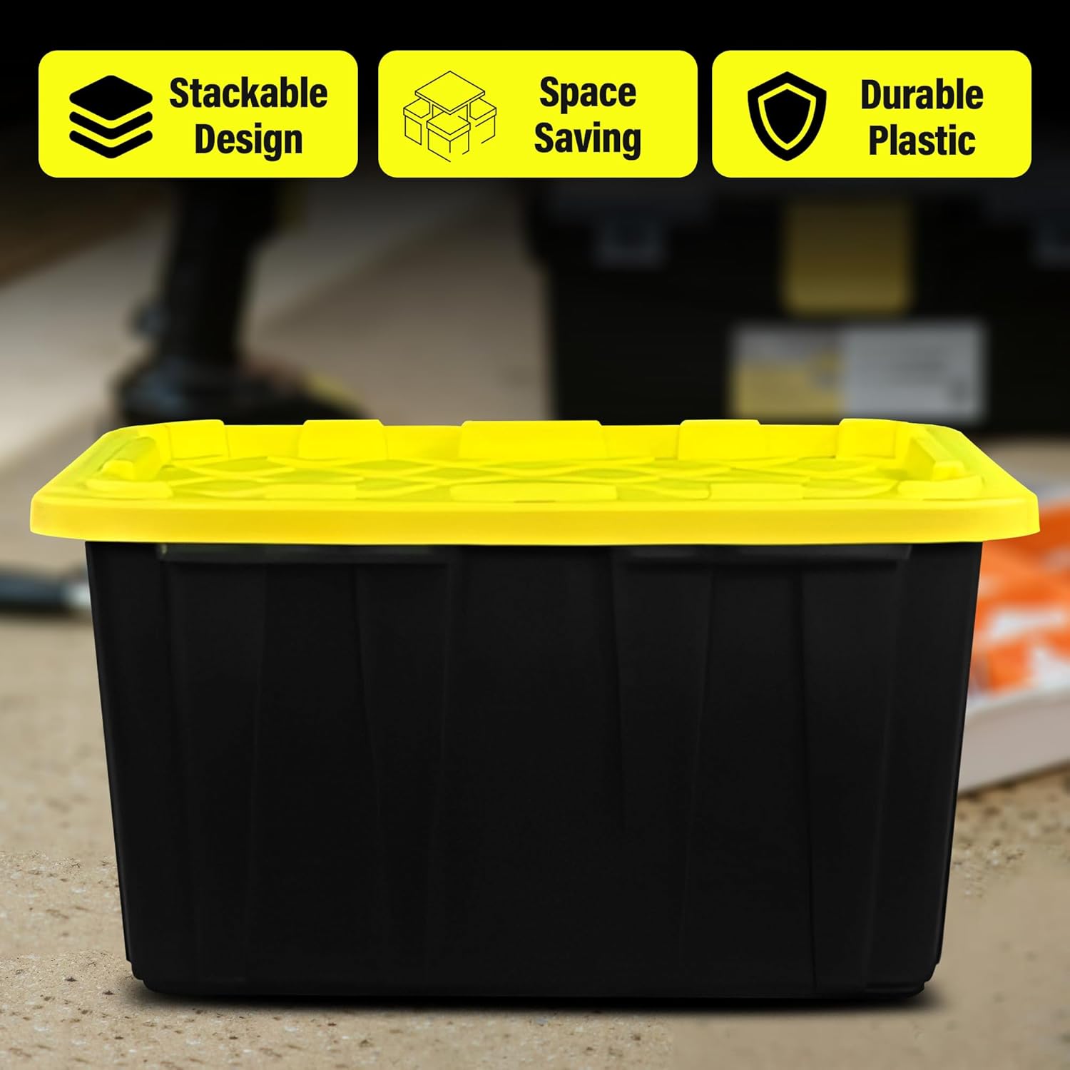 BLACK & YELLOW 27-Gallon Storage Bin with Snap-on Lid, Heavy Duty Plastic Storage Bins with Lid, Stackable, 2 Pack
