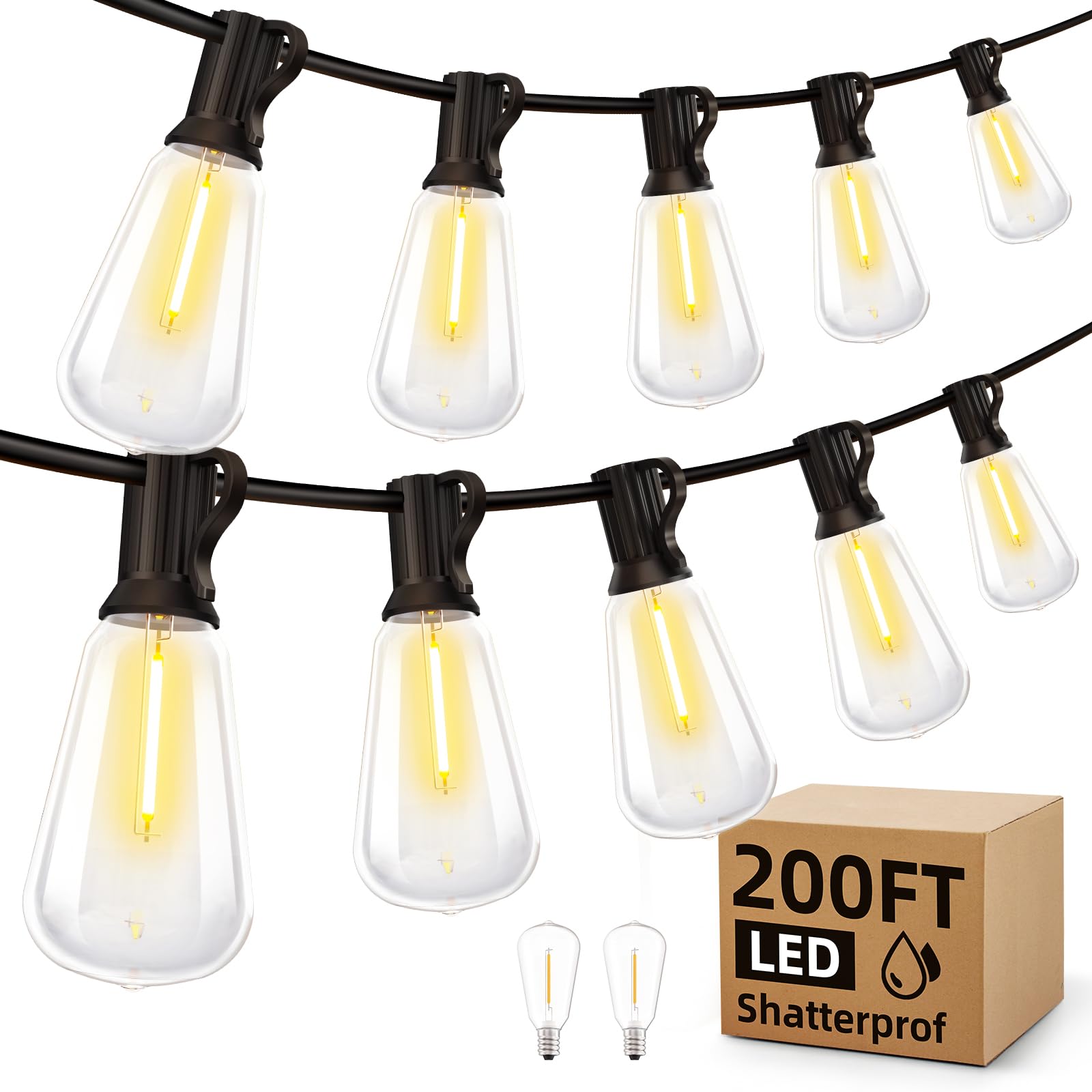 Outdoor Lights String Patio Outside - 100ft 30M LED Waterproof Light - Hanging Lighting ST38 Shatterproof Edison Bulb Deck Backyard Gazebo Balcony Party Bistro Cafe Pergola Garden Yard Porch Dimmable