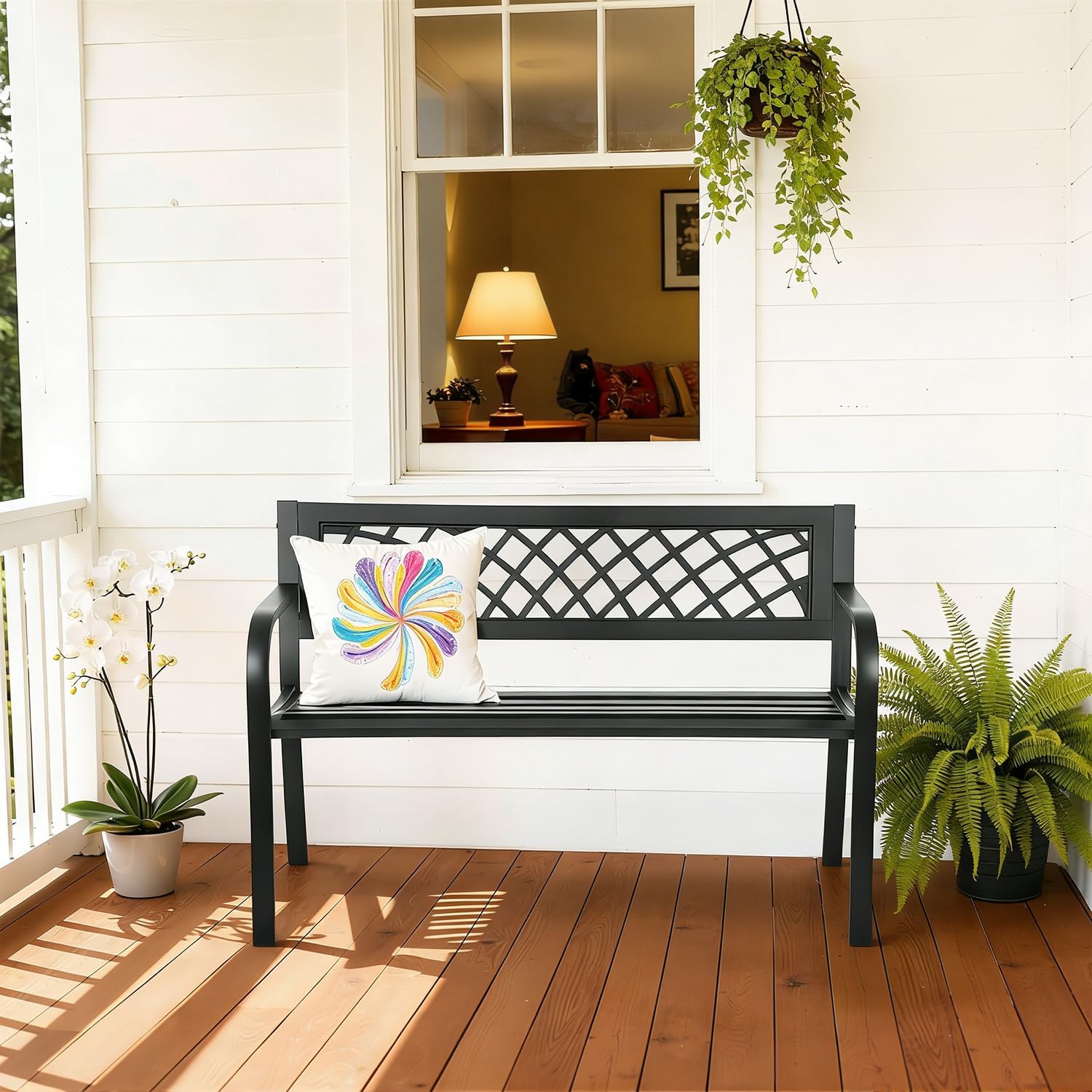 Garden Bench,Outdoor Benches,Iron Steel Frame Patio Bench with Mesh Pattern and Plastic Backrest Armrests for Lawn Yard Porch Work Entryway,Black