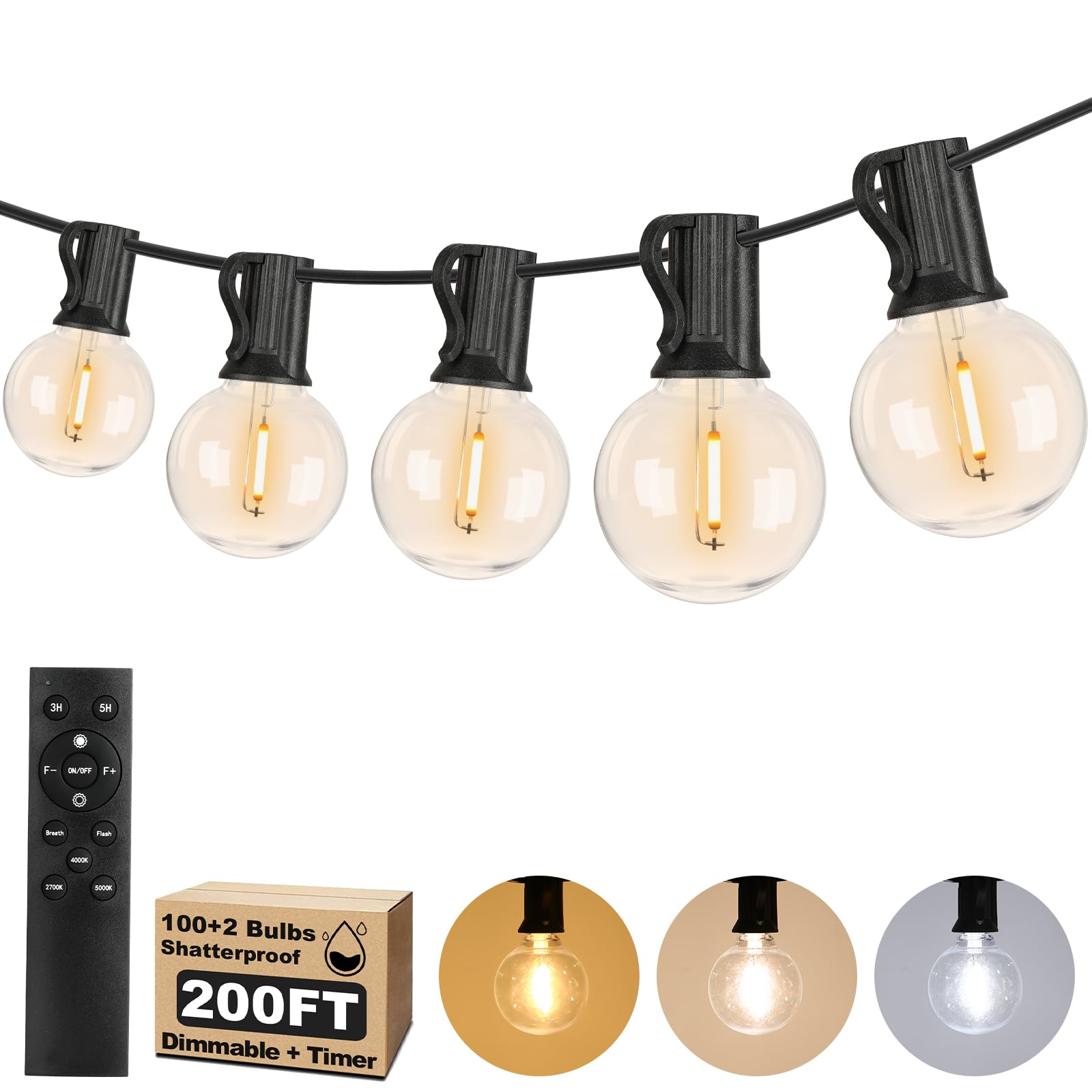 100ft 2-Pack Outdoor G40 LED Globe String Lights Dimmable Waterproof Shatterproof Light Strings with 52 Bulbs Connectable Commercial Hanging Lights for Christmas Patio House Backyard Balcony Party