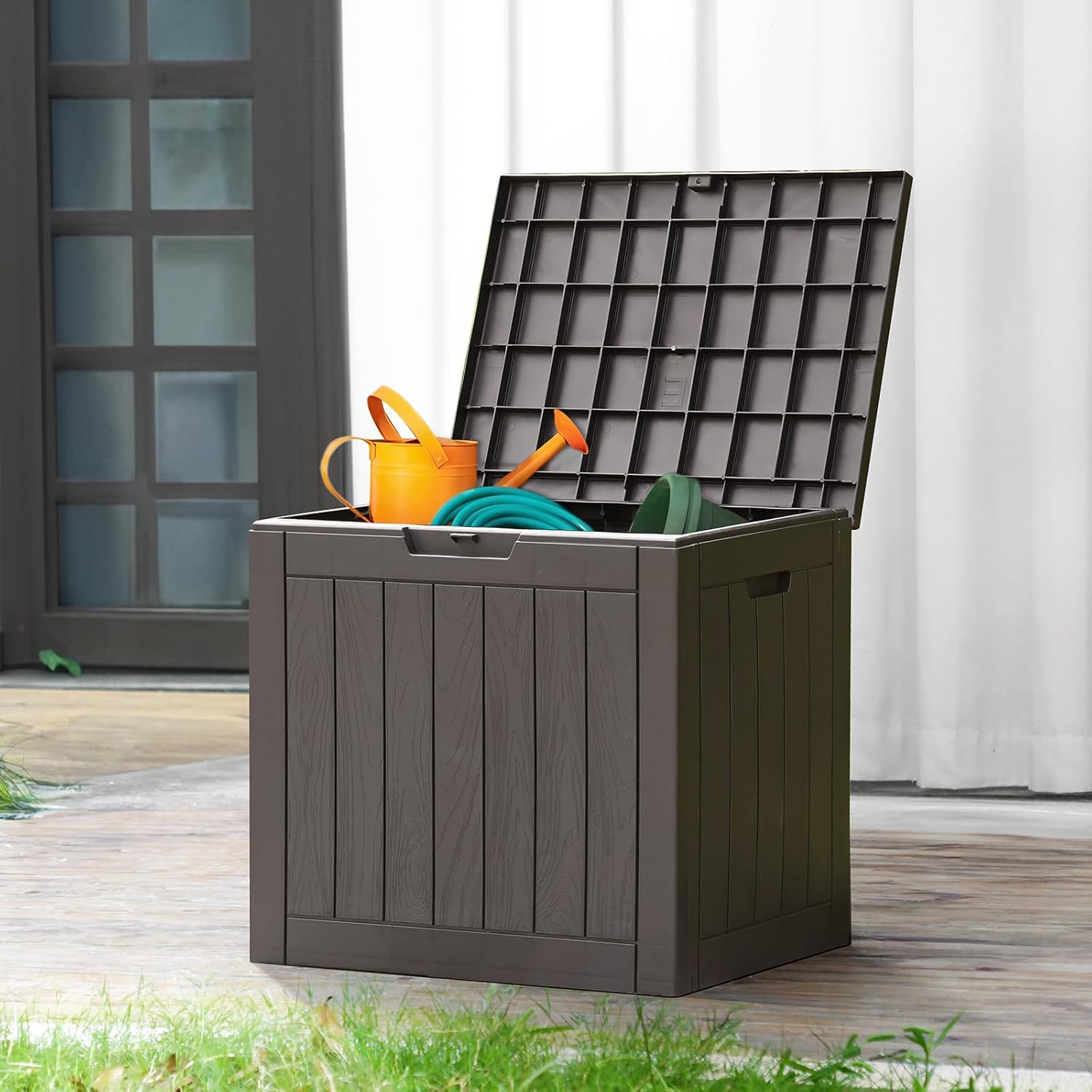 NEWBULIG 31 Gallon Outdoor Storage Box, Waterproof Deck Box with Lockable Lid, Patio Furniture Bench & Side Table, Easy Assembly, for Garden, Pool, Patio & Backyard Organization, Brown