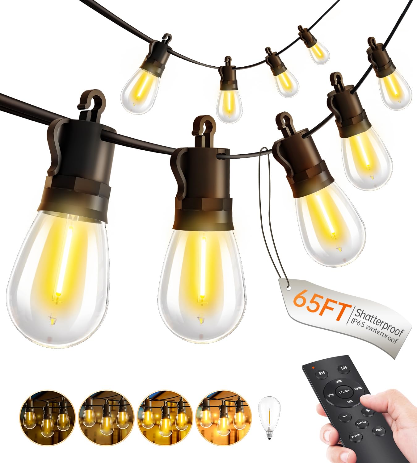 Outdoor String Lights Patio LED - Light Outside 50Ft 15M Waterproof Remote Dimmable S14 Porch Lighting Edison Plastic Bulb Pergola Hanging Balcony Connectable Backyard Yard Gazebo Party Garden Bistro