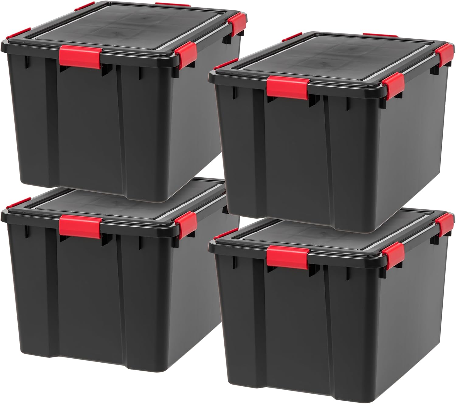 IRIS USA WeatherPro 74 Qt Storage Bins with Lids, 4 Pack, BPA-Free Plastic Gasket Box with Tight Latch and Seal, Stackable Nestable Tote Tub - Black/Red