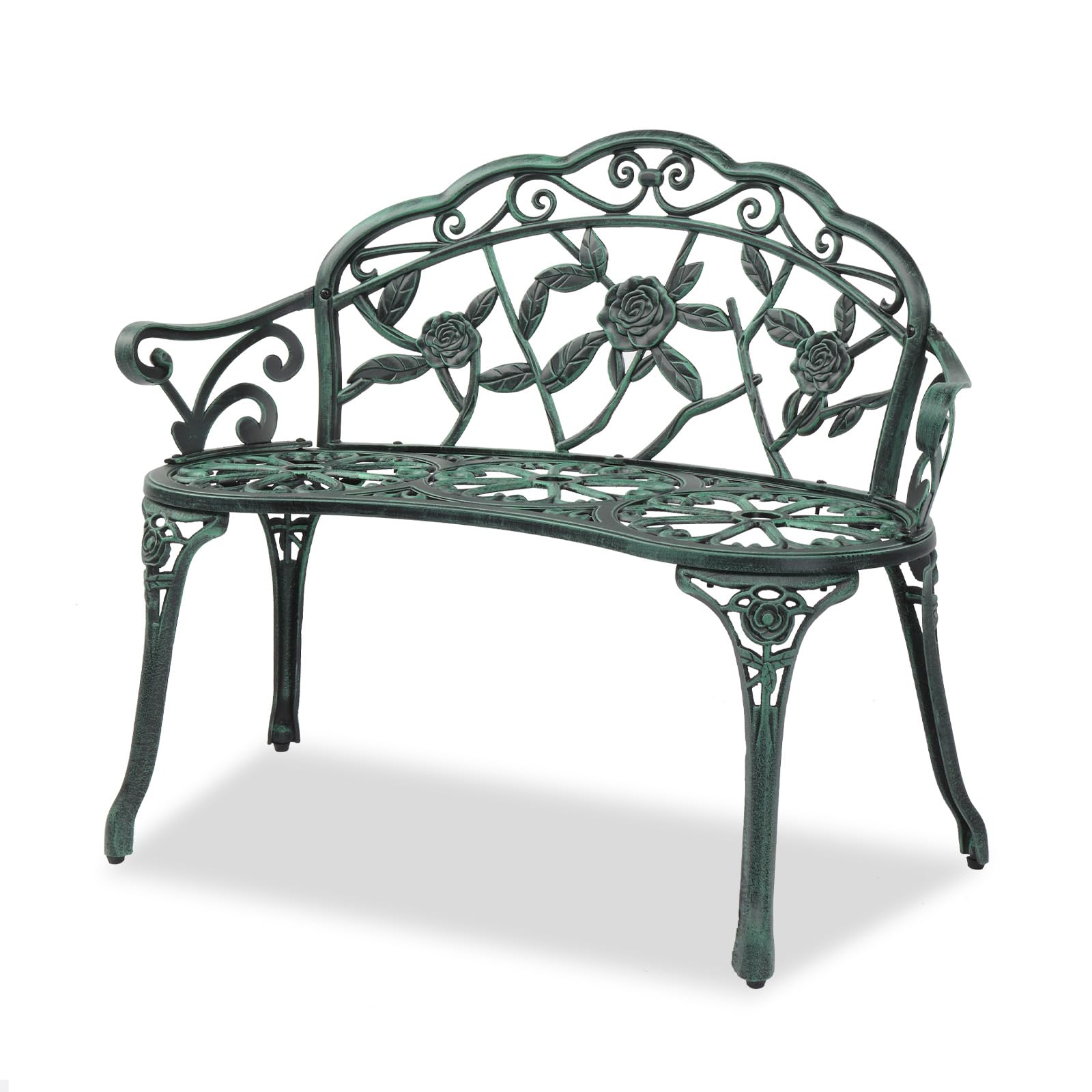 VINGLI 38.5" Patio Park Garden Outdoor Metal Rose Bench, 2-Person Cast Iron Cast Aluminium Frame Antique Finish Chair,Accented Lawn Front Porch Path Yard Decor Deck Furniture (Bronze, Rose)