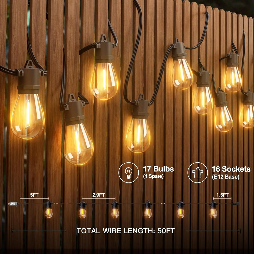 addlon 50FT LED Outdoor String Lights with Edison Shatterproof Bulbs, Weatherproof Strand, Commercial Grade Patio Lights, Decorative for Garden or Patio, Black