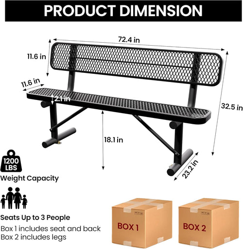 6 Feet Heavy Duty Metal Park Bench for Outside, Outdoor Bench with Backrest & Portable Frame, Commercial Benches for Shopping Malls, Stores, Parks, Patios, Decks, Black