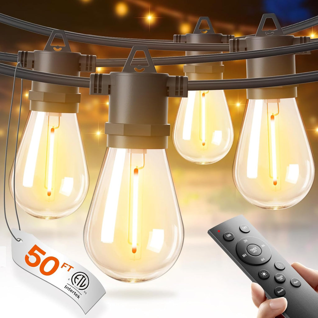 addlon 50FT LED Outdoor String Lights with Edison Shatterproof Bulbs, Weatherproof Strand, Commercial Grade Patio Lights, Decorative for Garden or Patio, Black