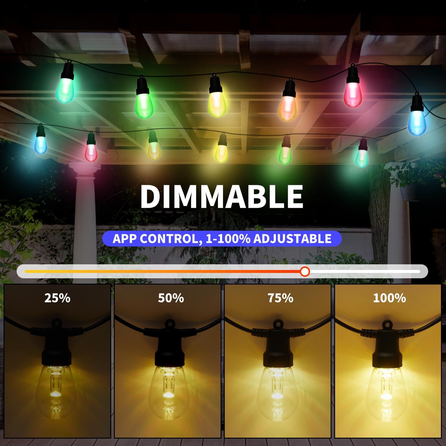 Outdoor String Lights 50FT, Outdoor Lights for Patio with 20 Dimmable RGBW LED Bulbs, IP66 Waterproof Shatterproof, with APP Control & Remote, 24V Adapter Color Change,for Backyard Decor