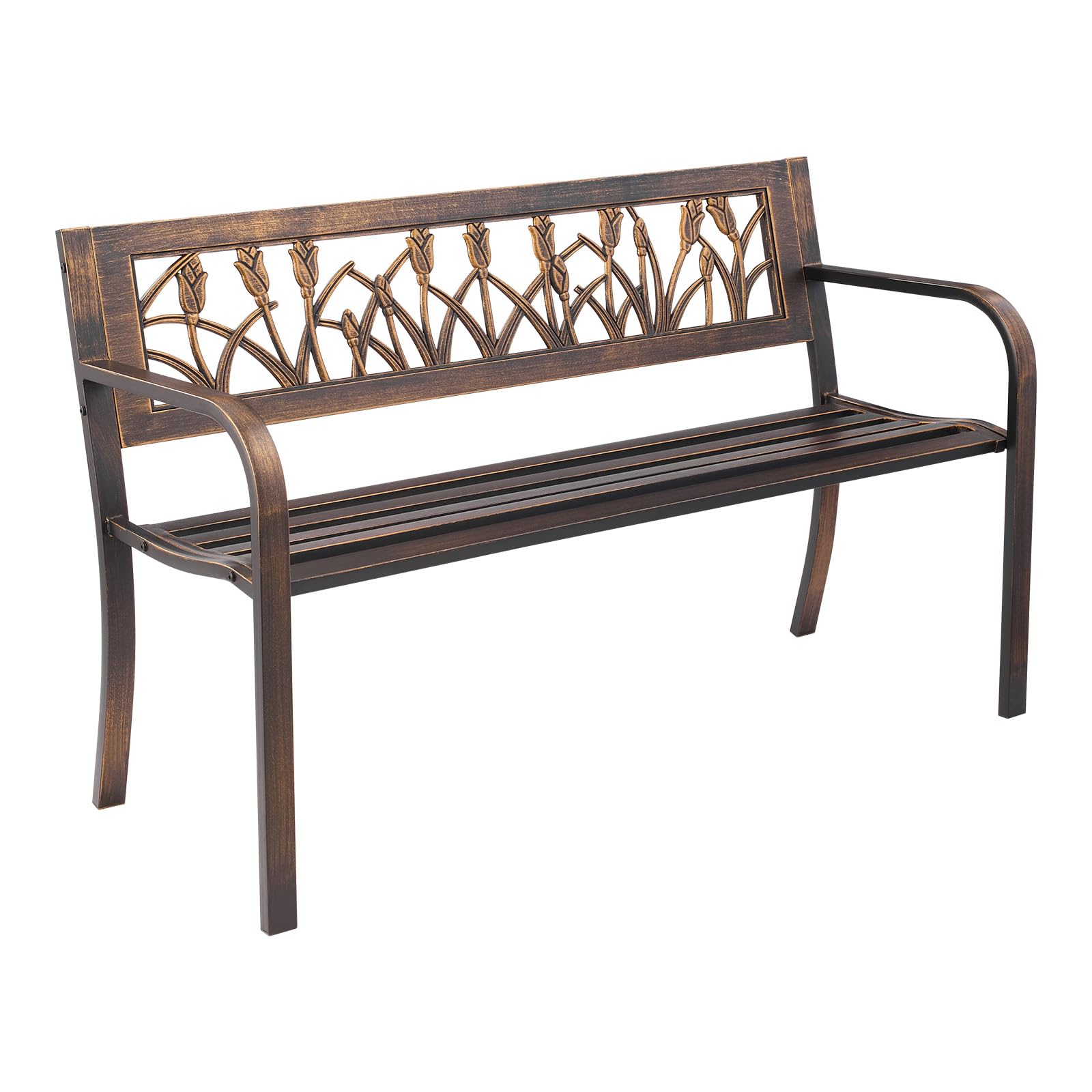 VEVOR Outdoor Bench, 46" Iron Steel Frame Garden Park Bench with Mesh Pattern and Plastic Backrest Armrests, Patio Bench for Garden, Park, Yard, Front Porch