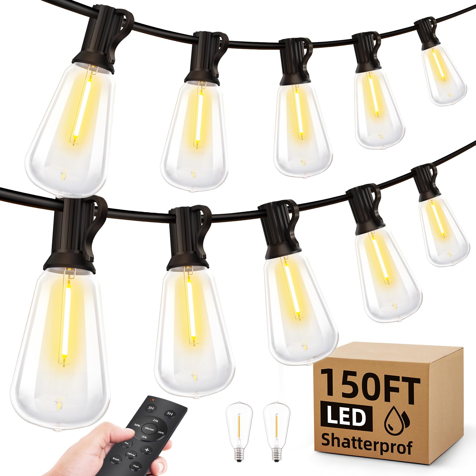 Outdoor Lights String Patio Outside - 100ft 30M LED Waterproof Light - Hanging Lighting ST38 Shatterproof Edison Bulb Deck Backyard Gazebo Balcony Party Bistro Cafe Pergola Garden Yard Porch Dimmable
