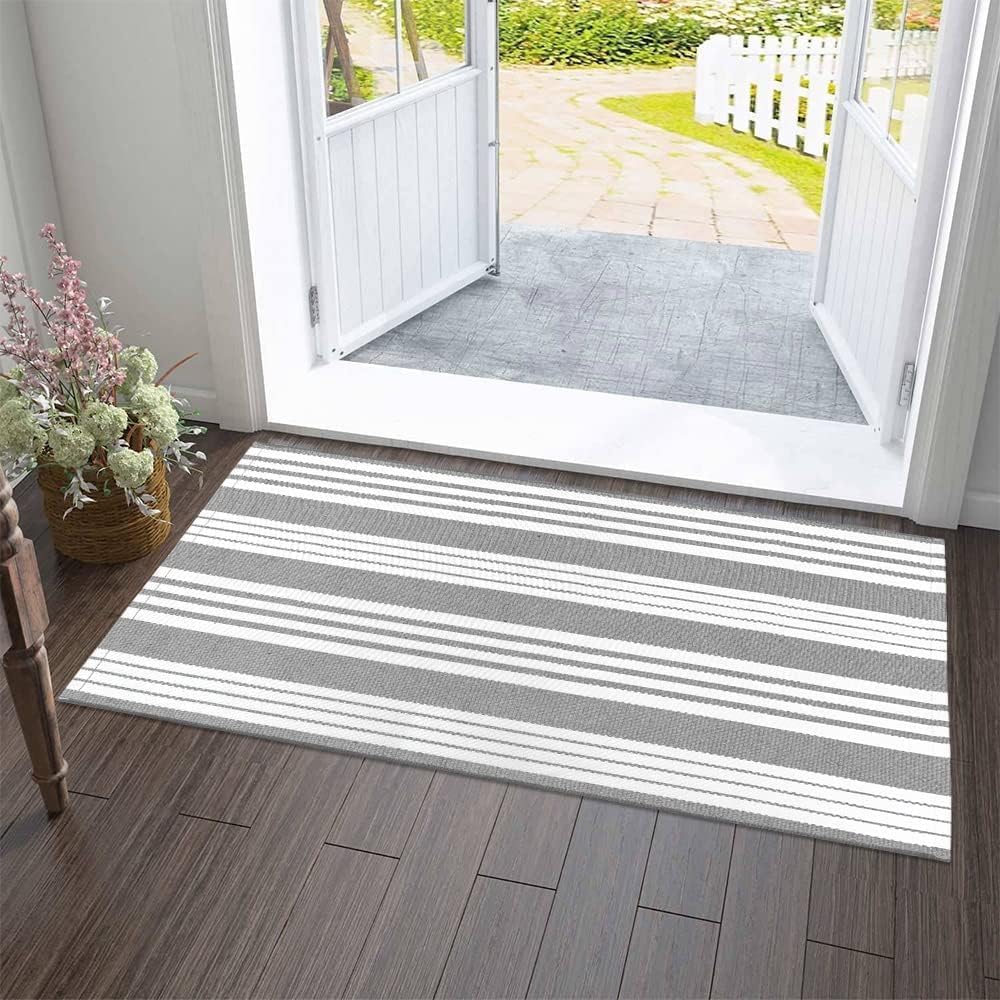 OJIA Outdoor Rug 3'x5', Black and Tan Area Rug Machine Washable Rugs Cotton Hand Woven Entry Rug Indoor Outdoor Striped Carpet for Front Porch/Deck/Backyard/Camping/Outdoor Decor