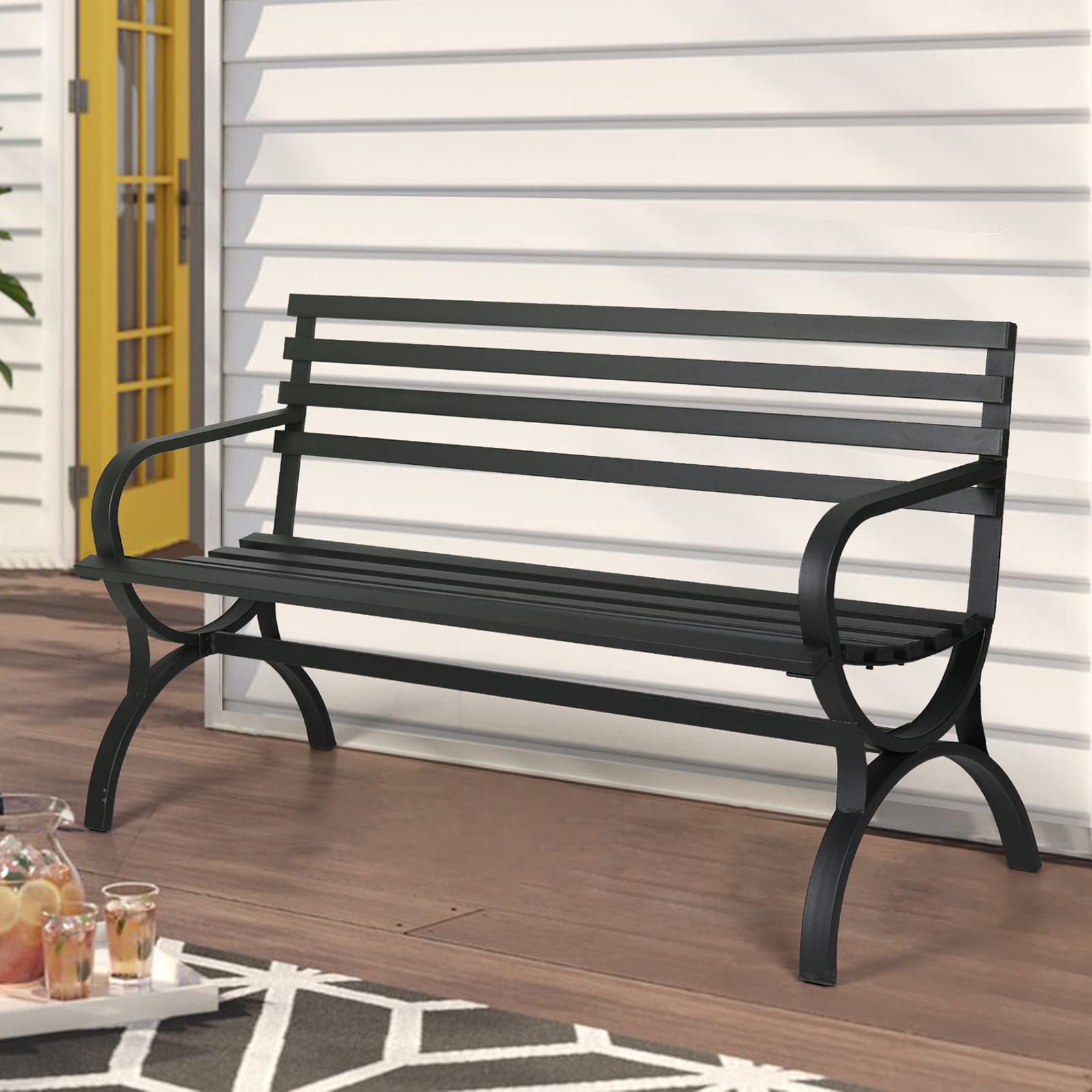 Sophia & William Outdoor Metal Bench Patio Garden Bench, Cast Iron Park Benches for Outside with Minimalist Backrest, Black