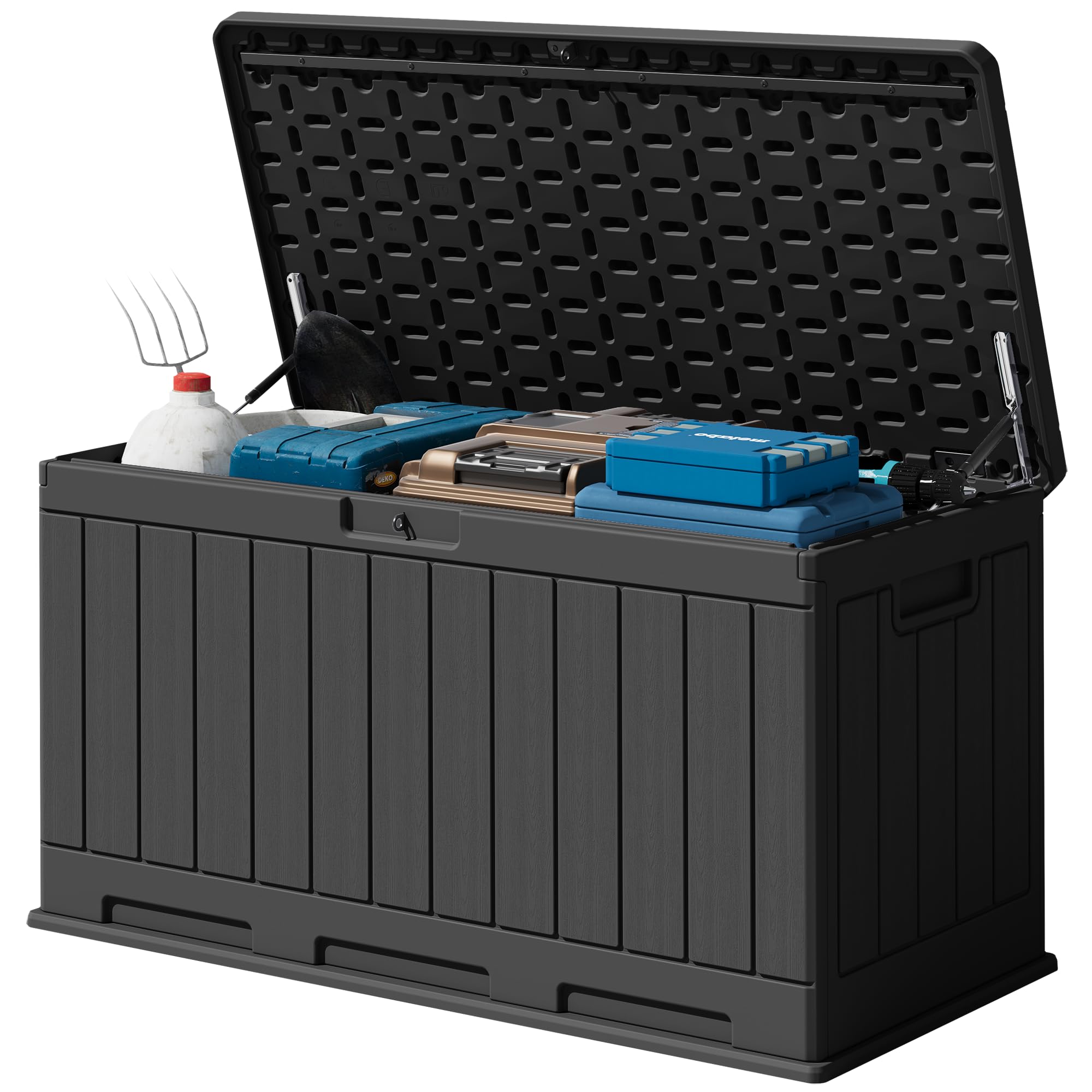 Devoko 78 Gallon Deck Box, Waterproof Resin Outdoor Storage Box for Outside and Patio, Outdoor Storage Bench Lockable for Patio Furniture, Garden Tools and Pool Supplies (Black, 78 Gallon)