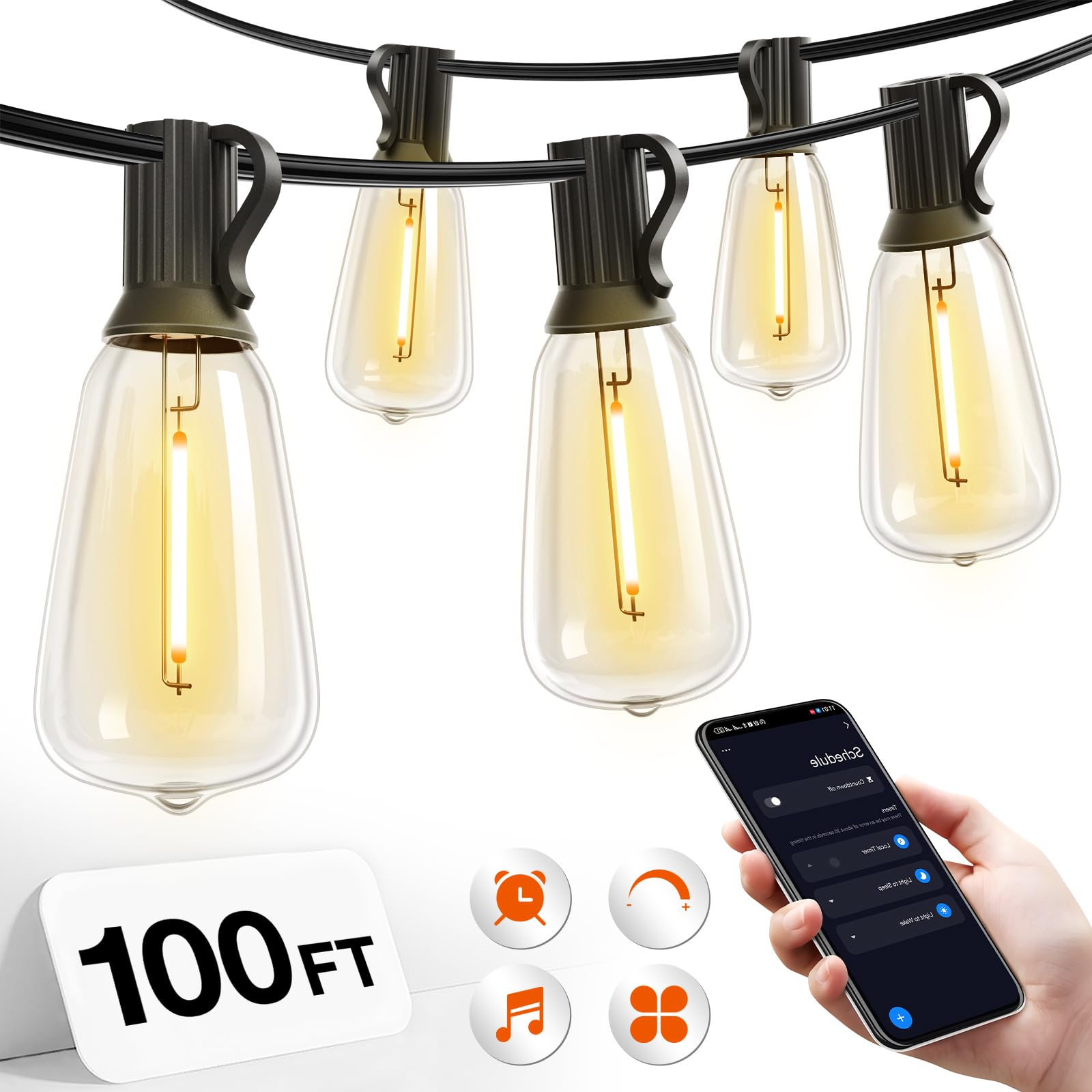 addlon 100FT LED Outdoor String Lights with Remote Waterproof Patio Lights with Shatterproof ST38 Replaceable Bulbs, Dimmable Outside Hanging Light Connectable for Porch, Backyard