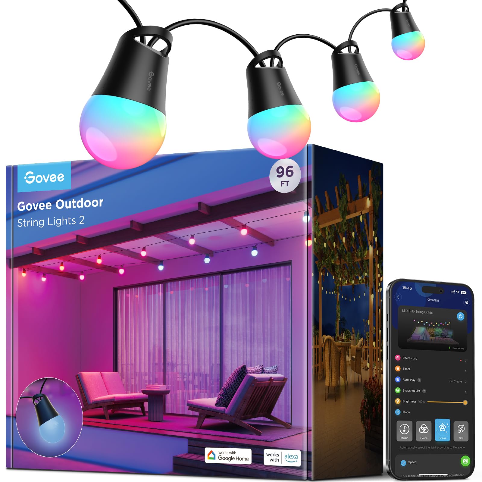 Govee Smart Outdoor String Lights 2, 144ft Outdoor Lights with Dimmable Warm White LED Bulbs, 47 Scene Modes for Patio, Backyard, Balcony, IP65 Waterproof, Works with Alexa, App Control