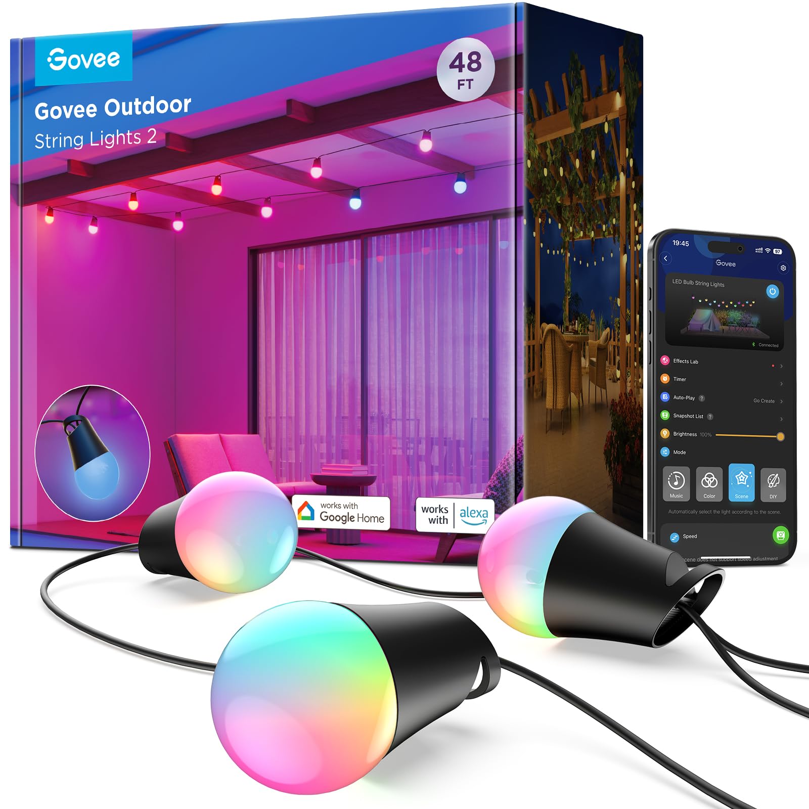 Govee Smart Outdoor String Lights 2, 144ft Outdoor Lights with Dimmable Warm White LED Bulbs, 47 Scene Modes for Patio, Backyard, Balcony, IP65 Waterproof, Works with Alexa, App Control