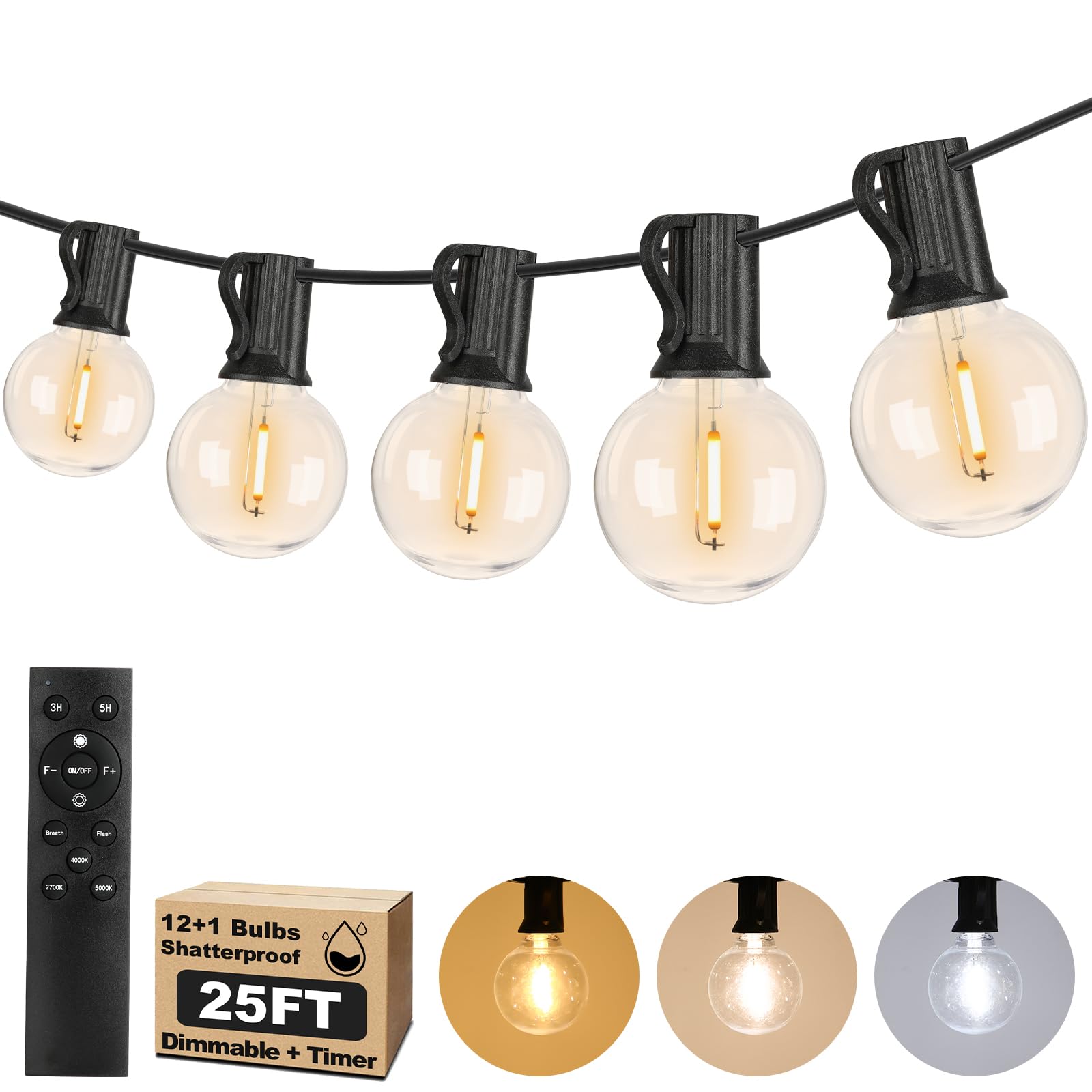 100ft 2-Pack Outdoor G40 LED Globe String Lights Dimmable Waterproof Shatterproof Light Strings with 52 Bulbs Connectable Commercial Hanging Lights for Christmas Patio House Backyard Balcony Party